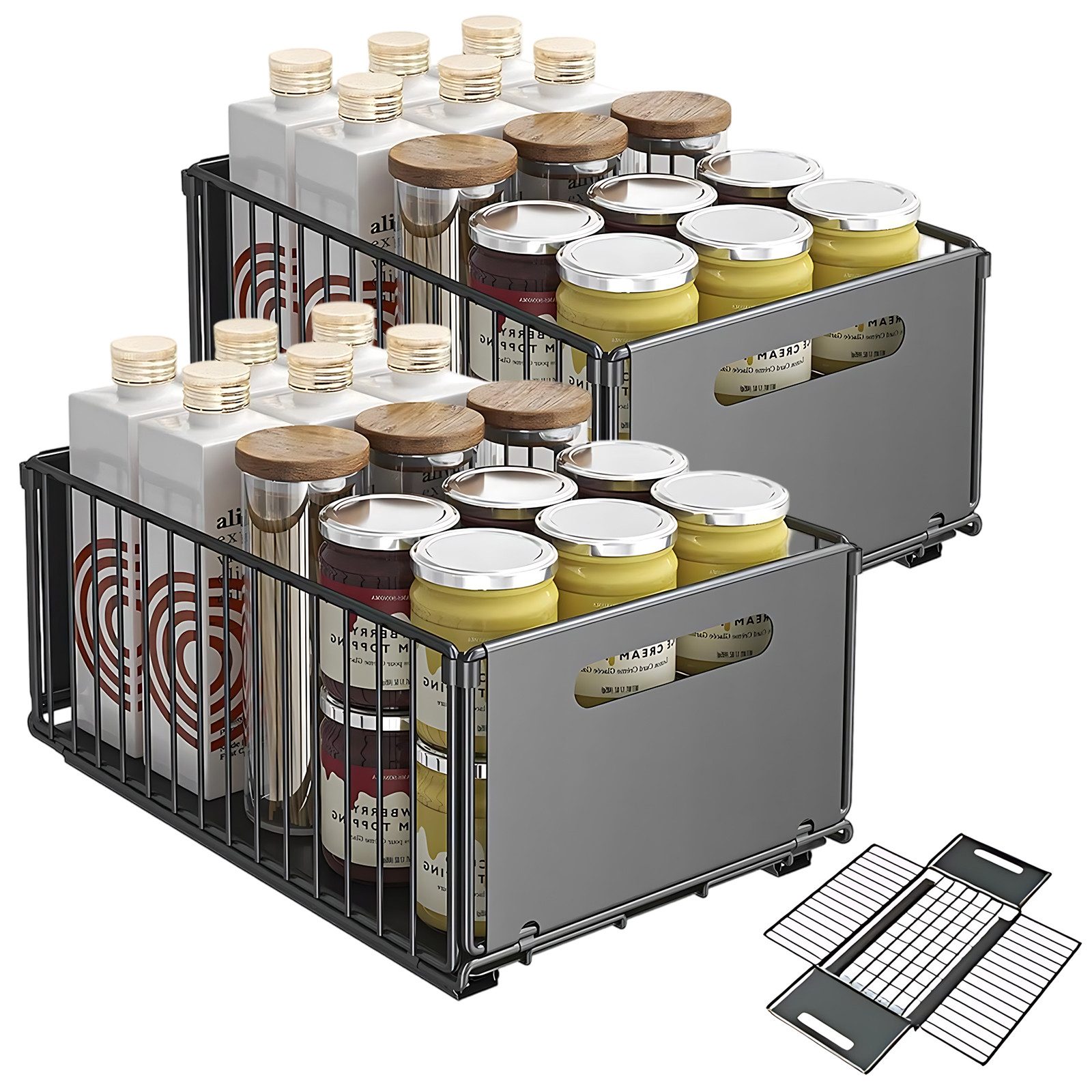AKKEE Küchenorganizer-Set 2 Stück Teleskopschublade Ausziehbarer Schrank Organizer Kein Bohren, für Küchenschränke,Schubladenregale Herausschieben