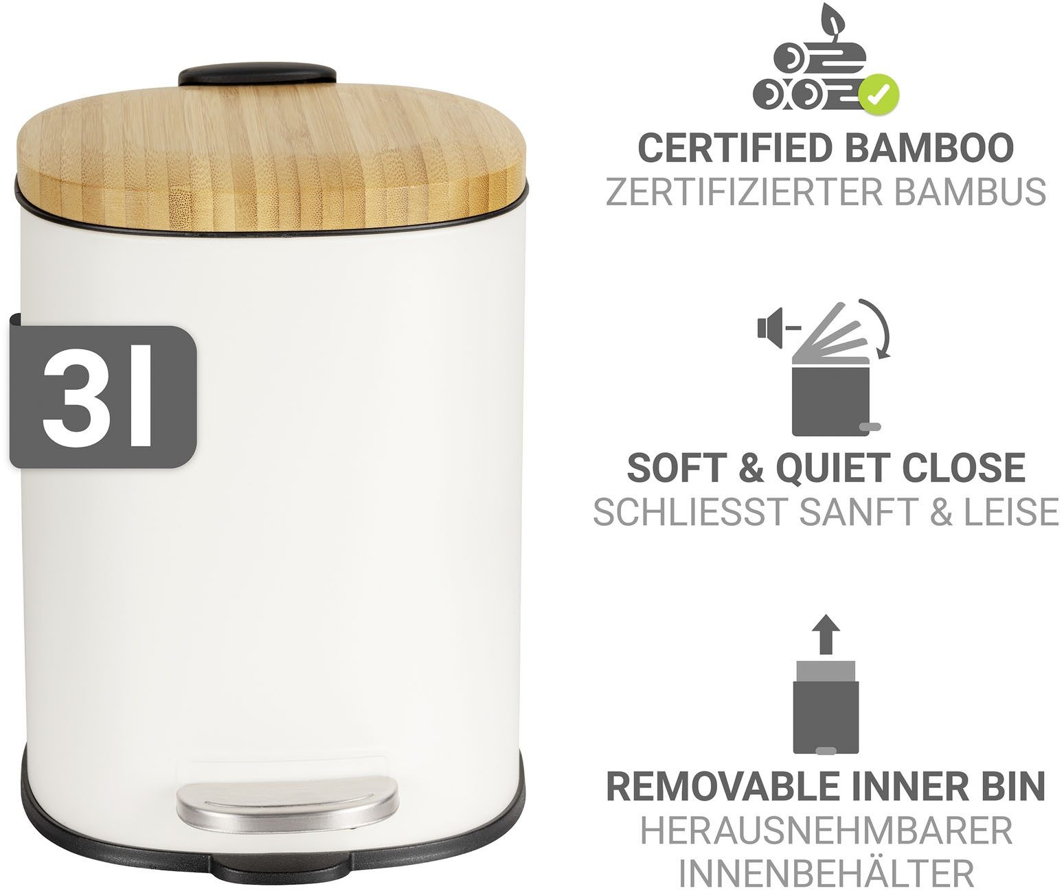 WENKO Kosmetikeimer Fianema, fürs Badezimmer, Easy-Close-Mechanik, Inneneimer: 3 L