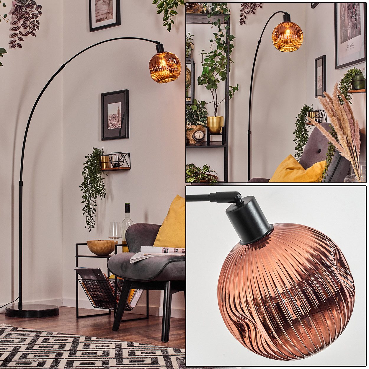 hofstein Bogenlampe Stehlampe aus Metall/Riffelglas in Schwarz/Kupfer mit Marmorfuß, verstellbare Leuchte im Vintage-Design (20 cm), Fußschalter, E27