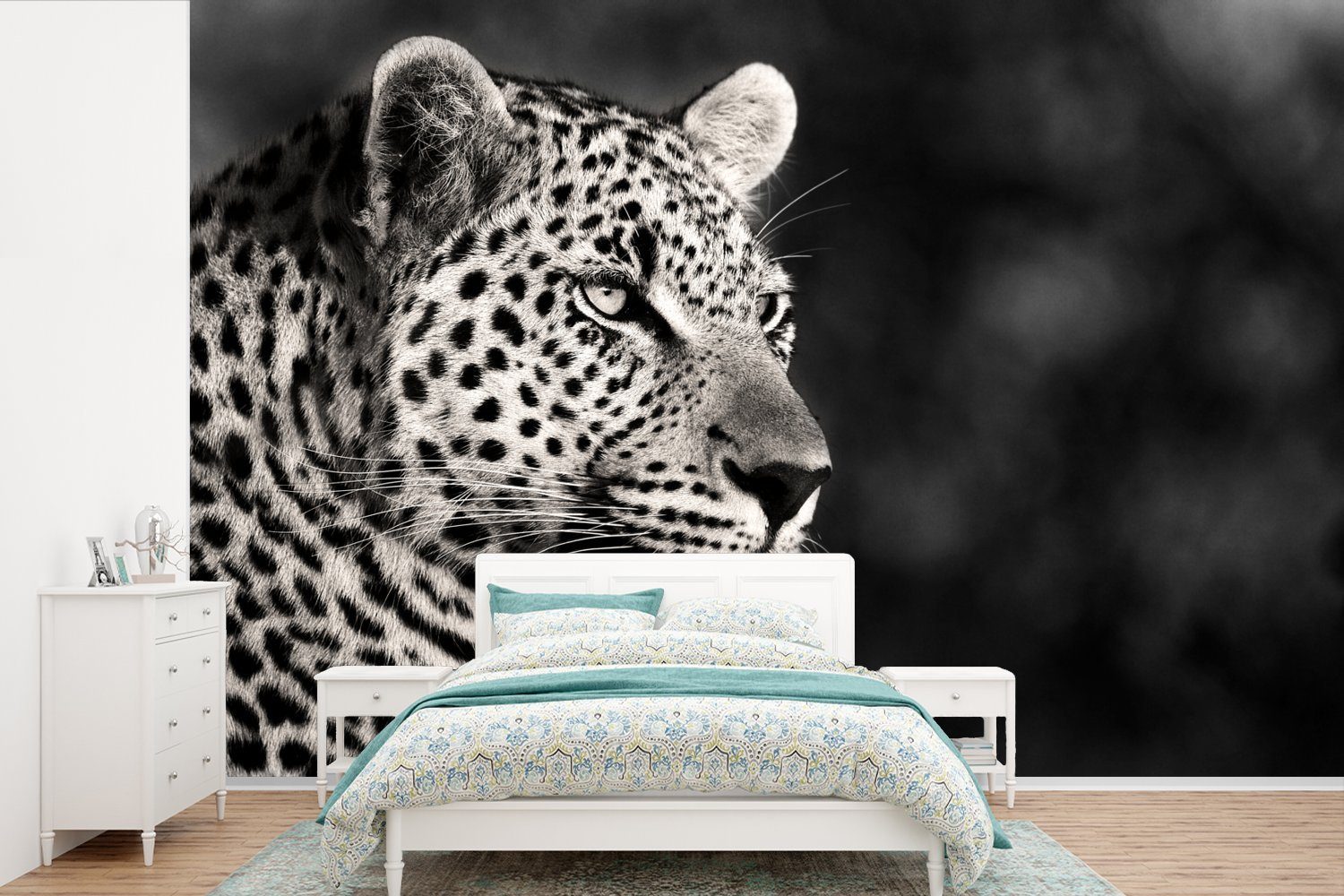 MuchoWow Fototapete Leopard - Schwarz - Weiß - Südafrika, Matt, bedruckt, (6 St), Wallpaper für Wohnzimmer, Schlafzimmer, Kinderzimmer, Vinyl Tapete