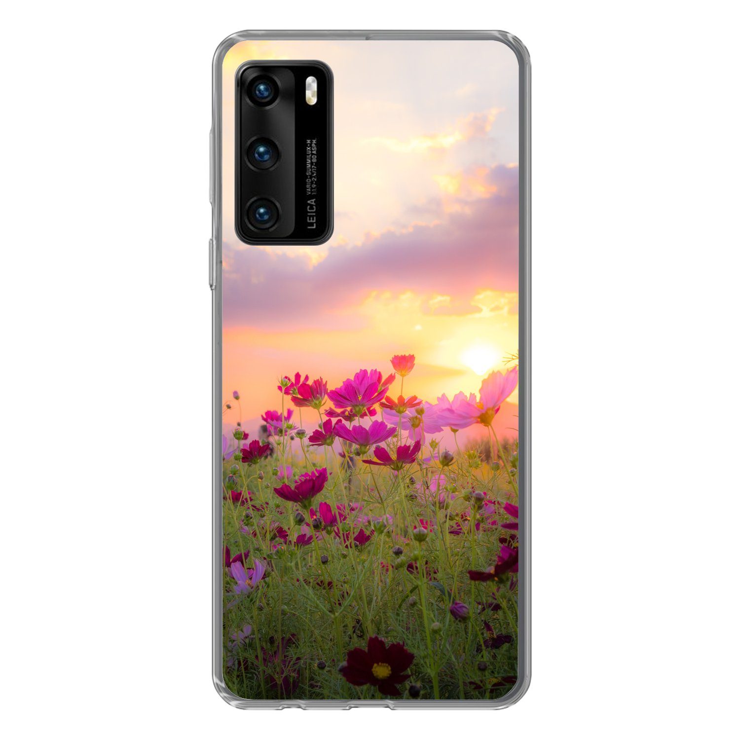 MuchoWow Handyhülle für Huawei P40 Sonnenuntergang - Blumen - Rosa - Natur - Grün, Handy Case, Silikon, Bumper Case Dünn
