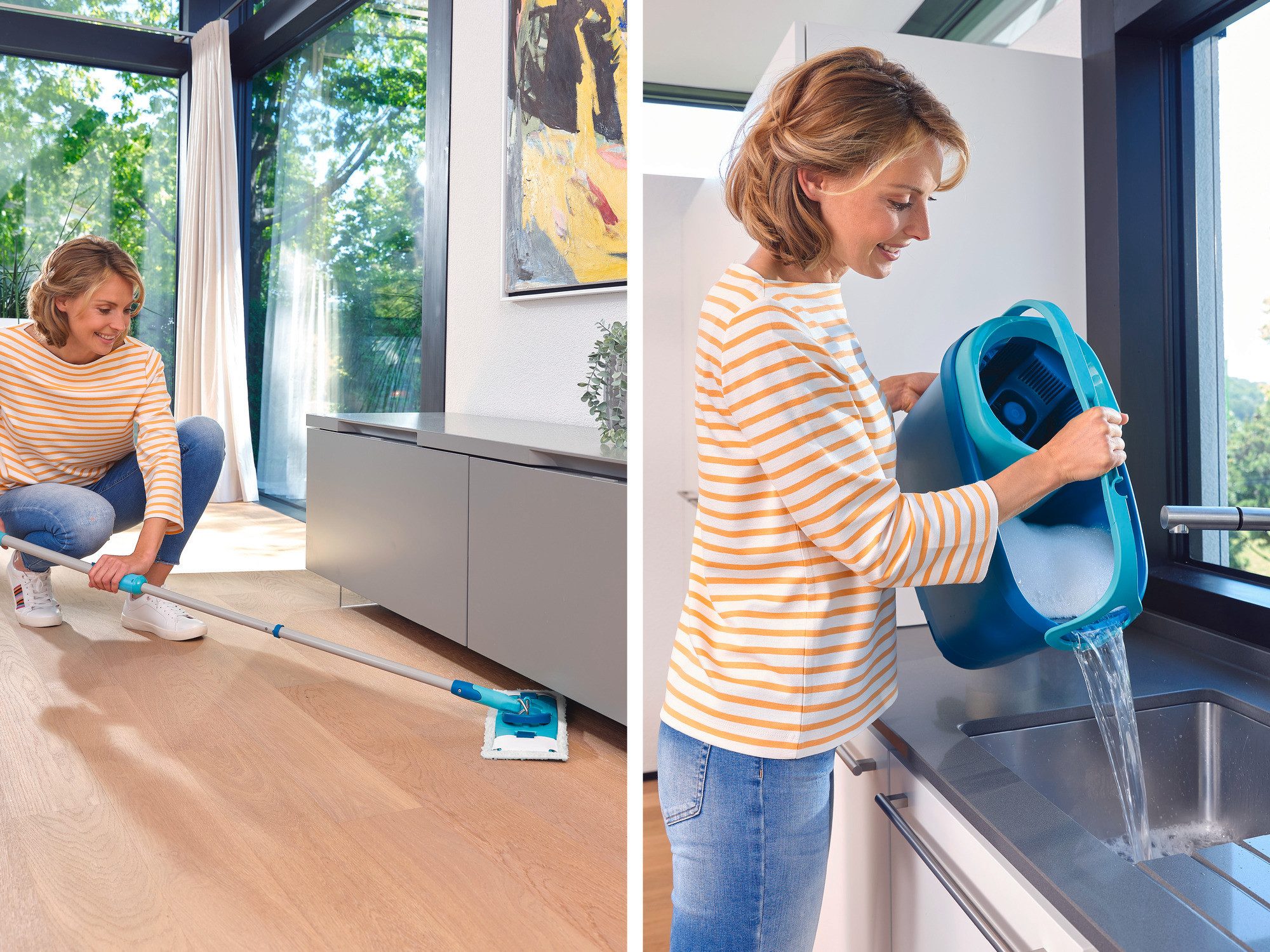 Leifheit Wischmopp Set CLEAN TWIST M Ergo micro duo + Kraftreiniger, Drill-Stiel-Mechanik, 360° Kardangelenk, längenverstellbar (110-140cm)