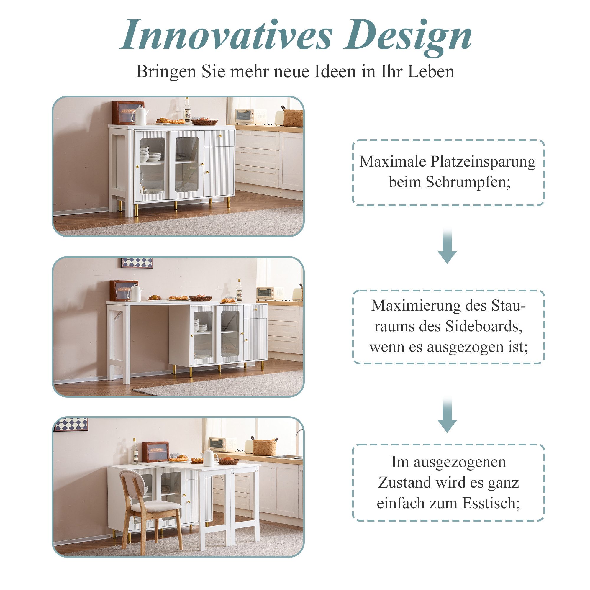 IDEASY Sideboard mit klappbarer und ausziehbarer Tischplatte, Buffet, Stehtisch (drehbarer Oberfläche, Glasschiebetüren und Wellenmuster), Kann als Kommode, Schreibtisch, Esstisch verwendet werden