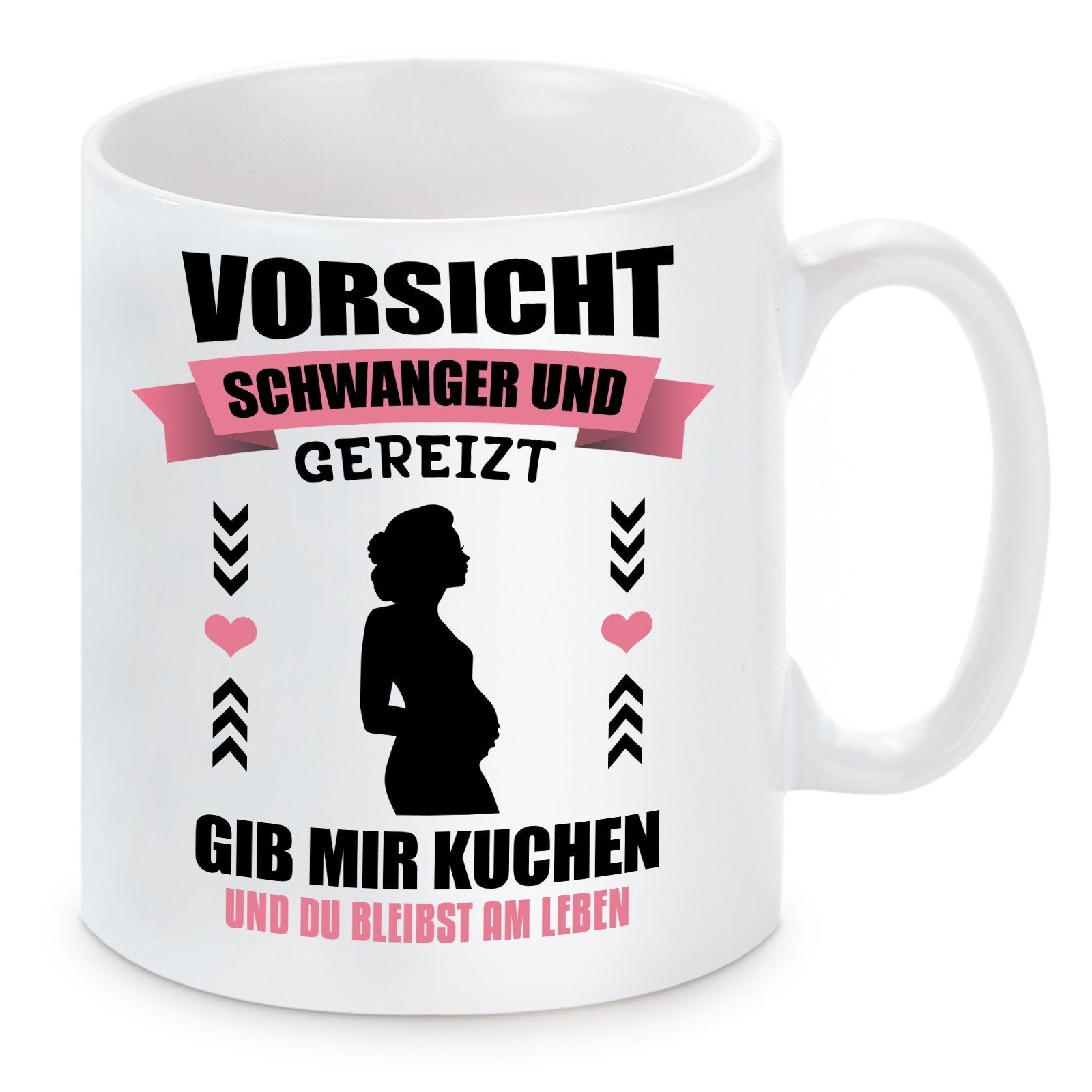 Herzbotschaft Tasse Kaffeebecher mit Motiv Vorsichtig schwanger und gereizt, Keramik, Kaffeetasse spülmaschinenfest und mikrowellengeeignet