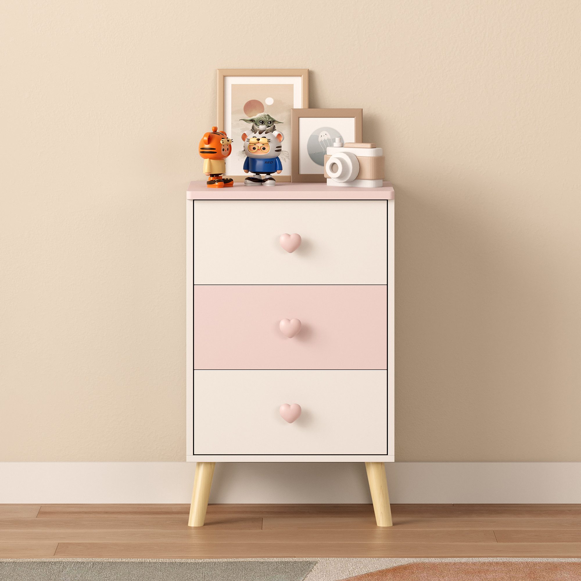 en.casa Nachttisch, »Sandnes« mit 3 Schubladen 62 x 38 x 30 cm Holzbeine Weiß/Rosa