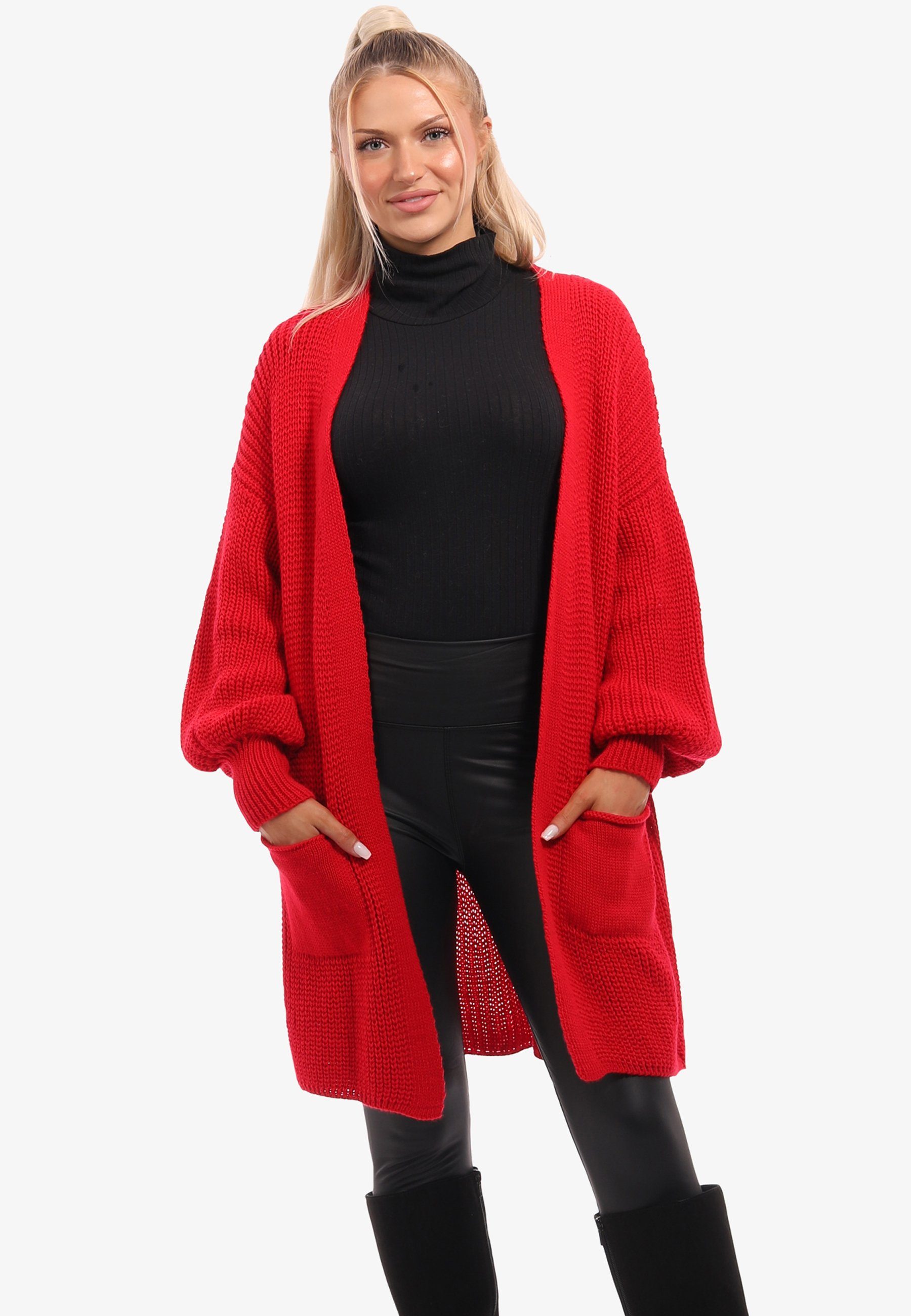 YC Fashion & Style mit aufgesetzten One Cardigan Taschen Unifarbe, Taschen in mit rot Strick-Cardigan Size
