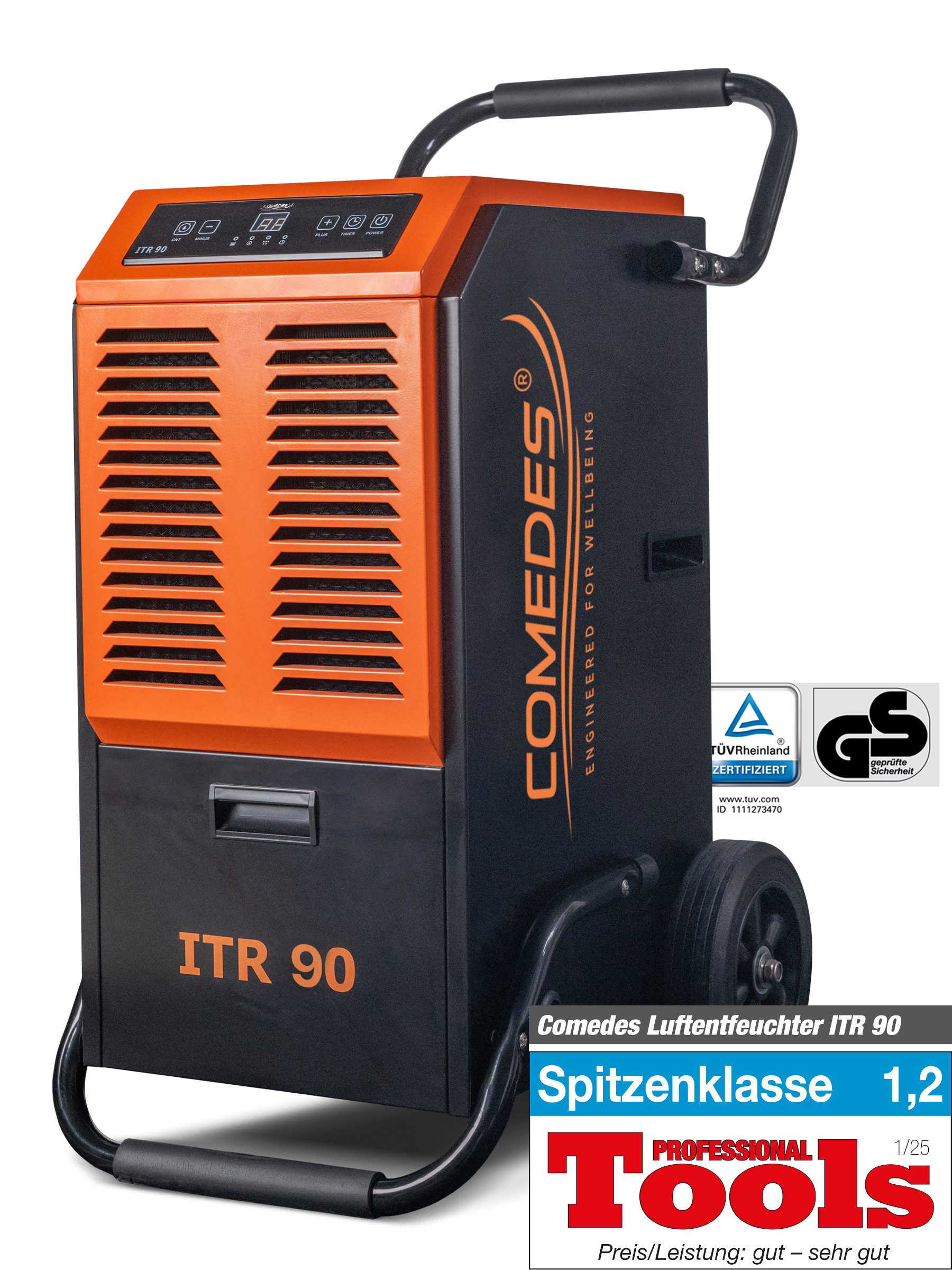 Comedes Bautrockner Bautrockner Luftentfeuchter ITR 90, mit integrierter Pumpe, für 345 m³ Räume, Entfeuchtung 90 l/Tag, Integrierte Drainagepumpe