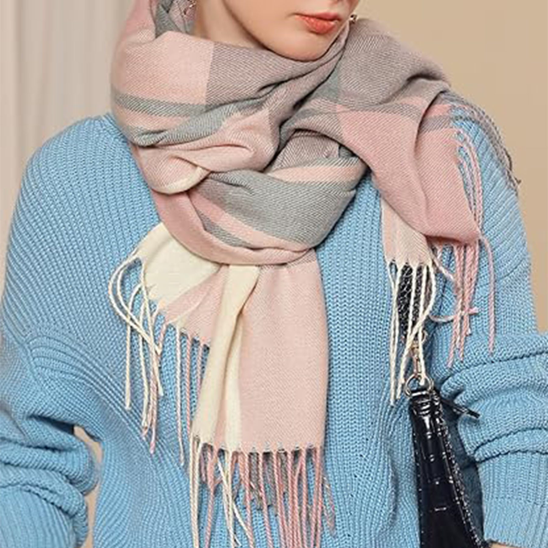Mutig Wollschal Damen Winter Senior Plaid Kaschmir Schal,übergroßer185*65cm Schal, (Tartan Schultertuch Mit Quasten,Warmer Oversized Poncho,Mischfarbe, Winter Geschenke für Mama, Freundin oder Schwester,Weihnachtsgeschenk), Aus 100 % Kaschmir-Imitat gefertigt, weich, Elegantes Karomuster