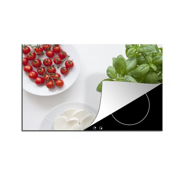 MuchoWow Herdblende-/Abdeckplatte Basilikumpflanze mit Tomaten und Mozzarella Vinyl (1 tlg) induktionskochfeld Schutz für die küche Ceranfeldabdeckung