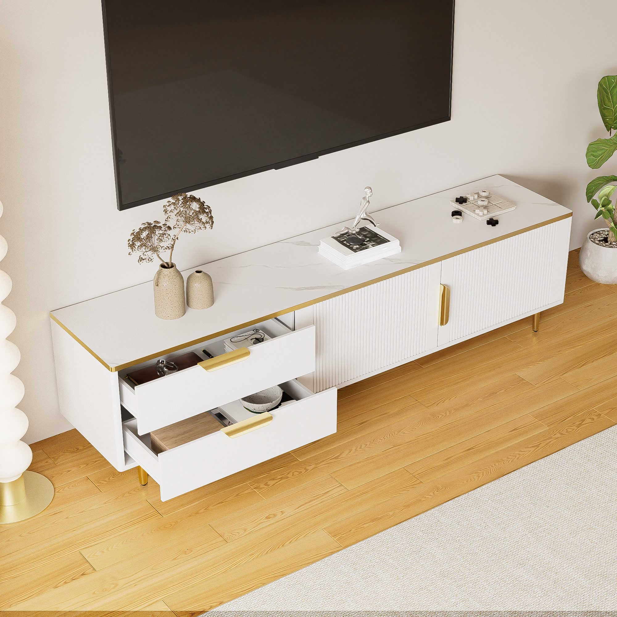 REDOM Lowboard TV-Schrank mit Stauraum, modern und elegant, in Weiß und Gold (Fernsehtisch, TV-Board mit Marmorstruktur, 170 cm breit), geschnitzter Textur,goldenen Griffen und Füßen