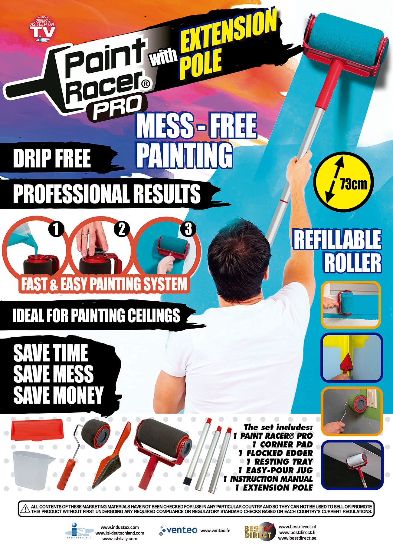 Best Direct® Farbroller Paint Racer® befüllbarer Farbroller (Spar Set, 6-St., mit Teleskop / Verlängerungsstange), Farbroller mit Tank, Set Multifunktion für Büro, Malerei, Wand, Decke