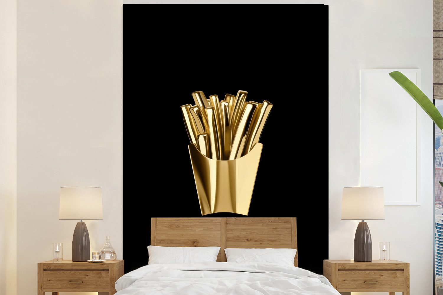 MuchoWow Fototapete Pommes frites - Gold - Chrom - Lebensmittel, Matt, bedruckt, Vinyl Tapete für Wohnzimmer oder Schlafzimmer, Wandtapete, 200x300 cm