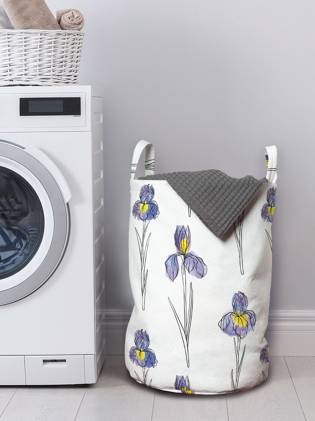 Abakuhaus Wäschesäckchen Wäschekorb mit Griffen für Waschsalons, Iris-Blumen Kordelzugverschluss Botanisch Aquarell