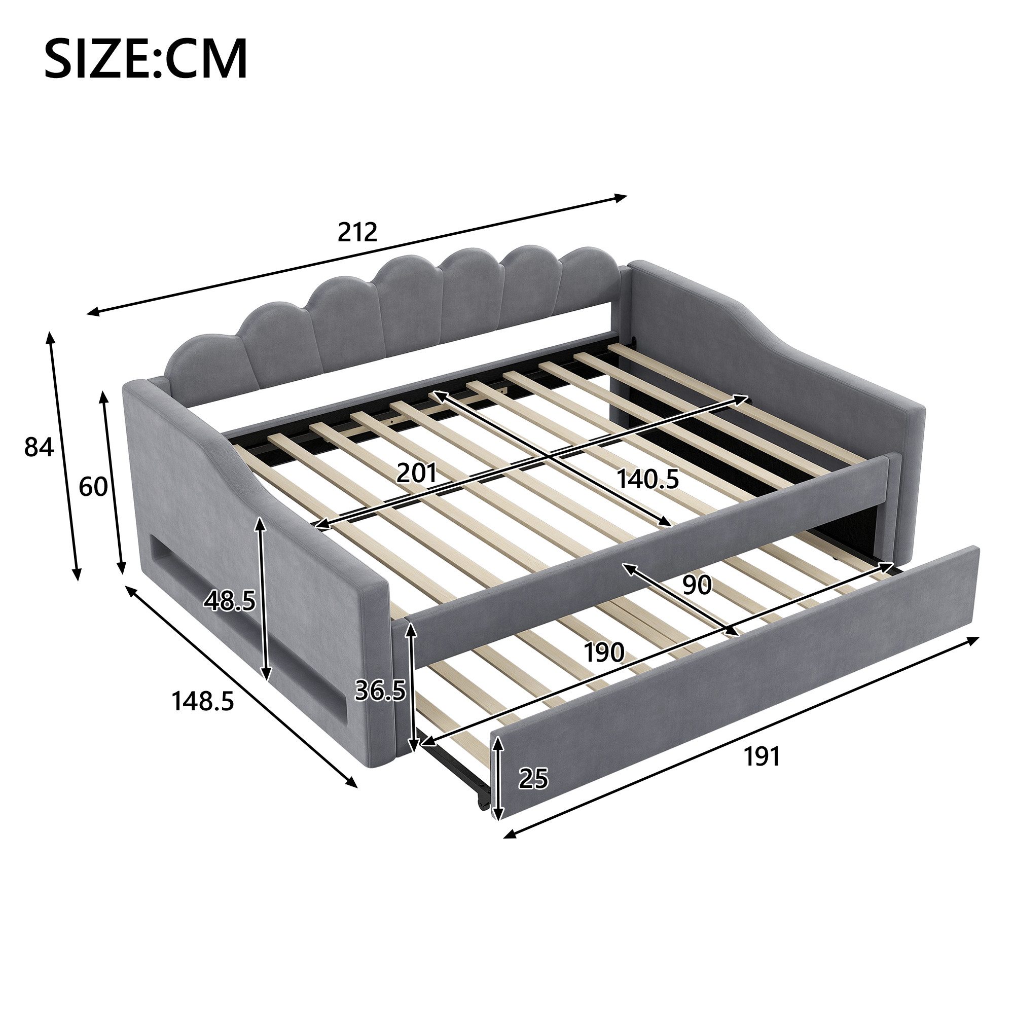Odikalo Schlafsofa Schlafcouch 140x200 Ausziehbett, Gepolstertes 140 x 200 cm Tagesbett mit LED-Gürtel und Ausziehbett, Grau – Bild 4 von 5