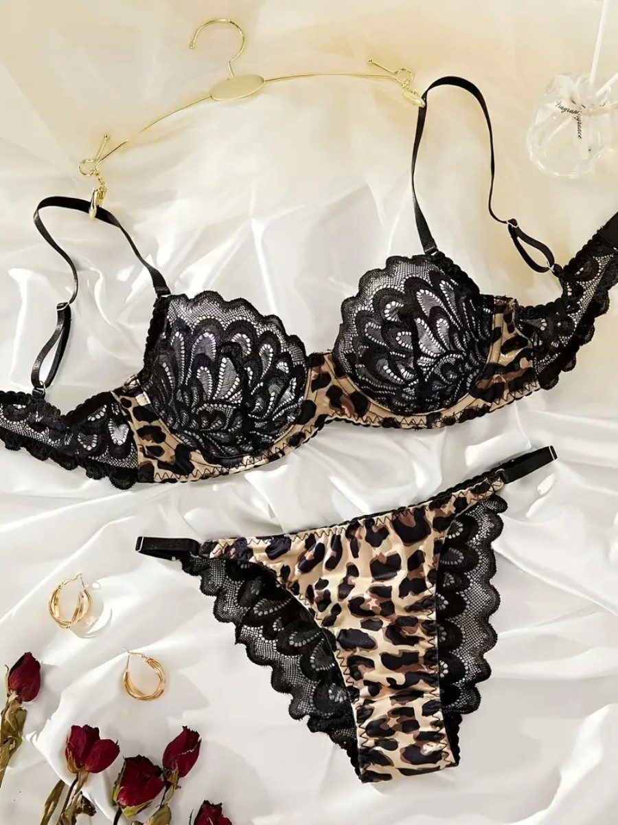 Elegant Love Set: Bügel-BH Damen Dessous-Set – Lingerie-Set aus Spitze, Reizwäsche mit Leo-Detail (Set, 2-tlg., mit Slip) Sexy BH-Set mit Leopardenmuster – Unterwäsche für besondere Anlässe