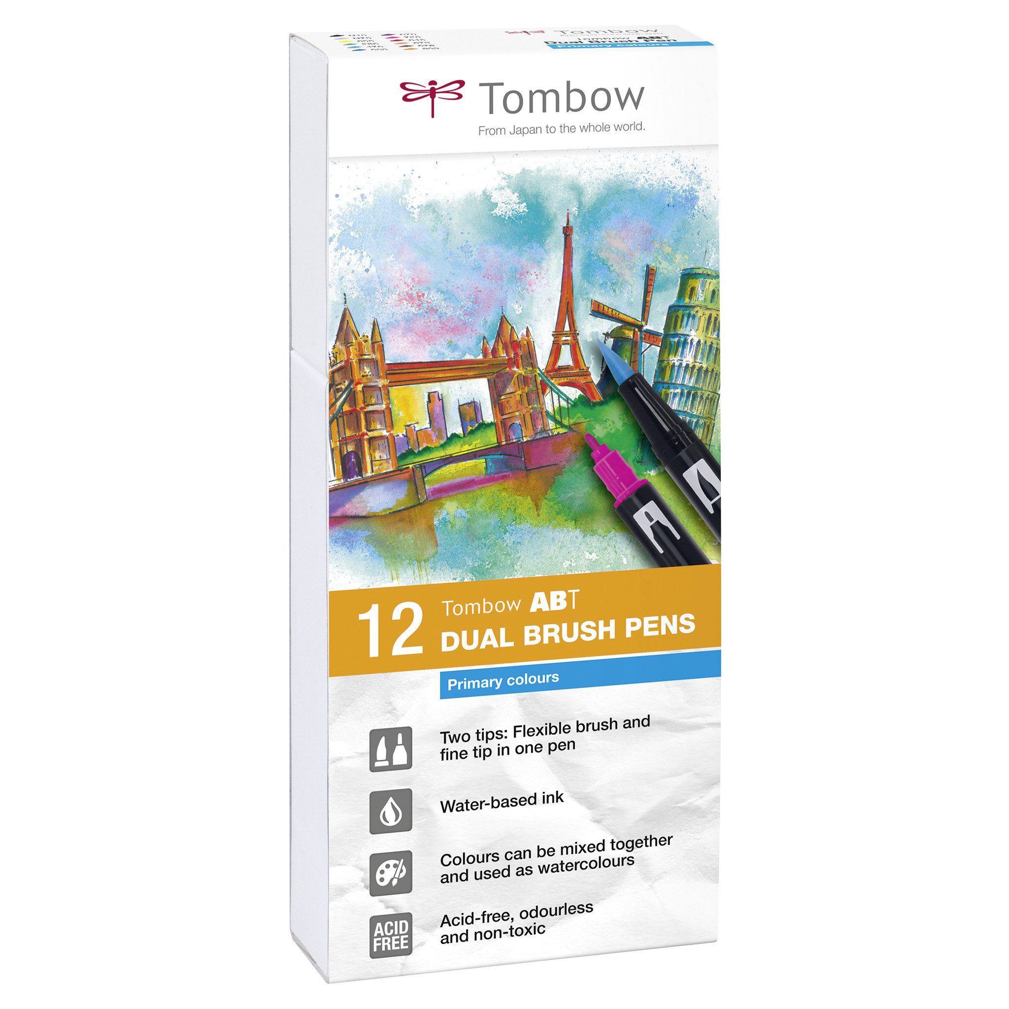 TOMBOW Pinselstift Tombow ABT Dual Brush Pen, (12er Set), zwei Spitzen, für Hand Lettering & Bullet Journal, wasservermalbar