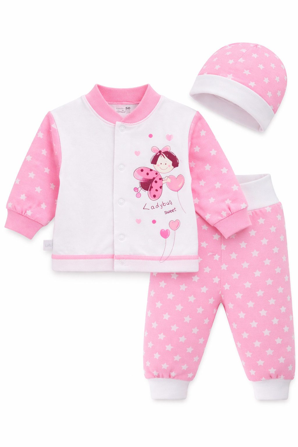 La Bortini Langarmshirt & Hose Baby Anzug Erstlingsset in weiß rosa Hemdchen Mitwachshose Mütze (Erstlingsset Mitwachshose, Shirt, Haube, für Mädchen, für Neuge – Bild 3 von 3