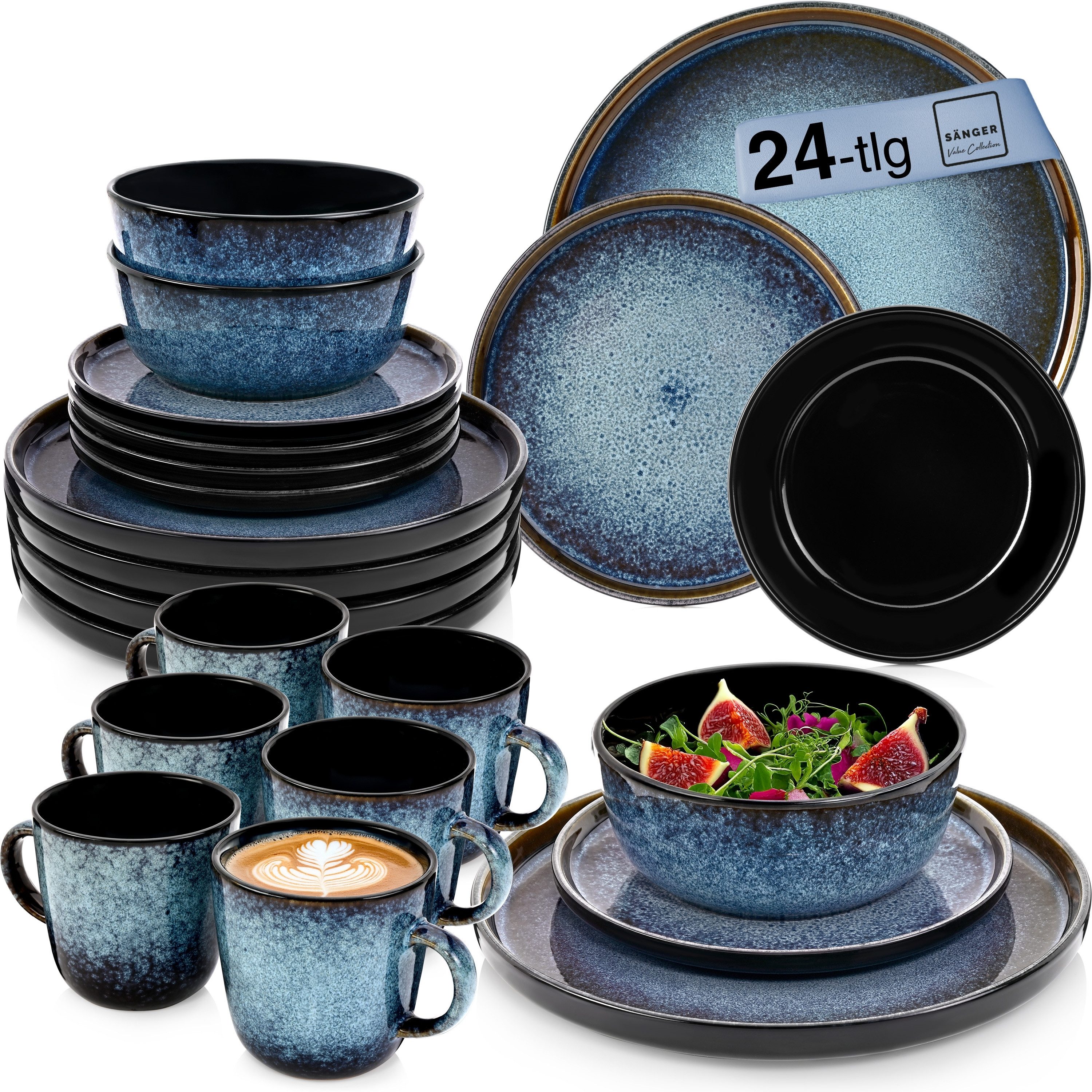 SÄNGER Geschirr-Set Osaka Blau mit schwarzem Rand (24-tlg), 6 Personen, Steingut, Комбинированное обслуживание, Handmade, Erweiterbar, VALUE COLLECTION