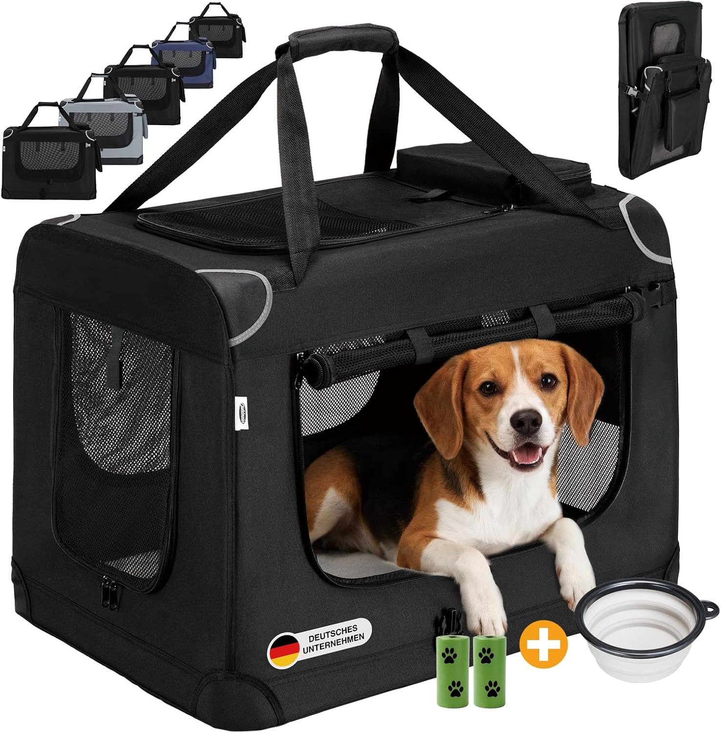 Zedelmaier Tiertransporttasche Transportbox, Faltbar Hundetransportbox, Katzenbox, Inkl.2 Rollen Hundekotbeutel, 1 faltbarer Napf, 2 praktische Beutel