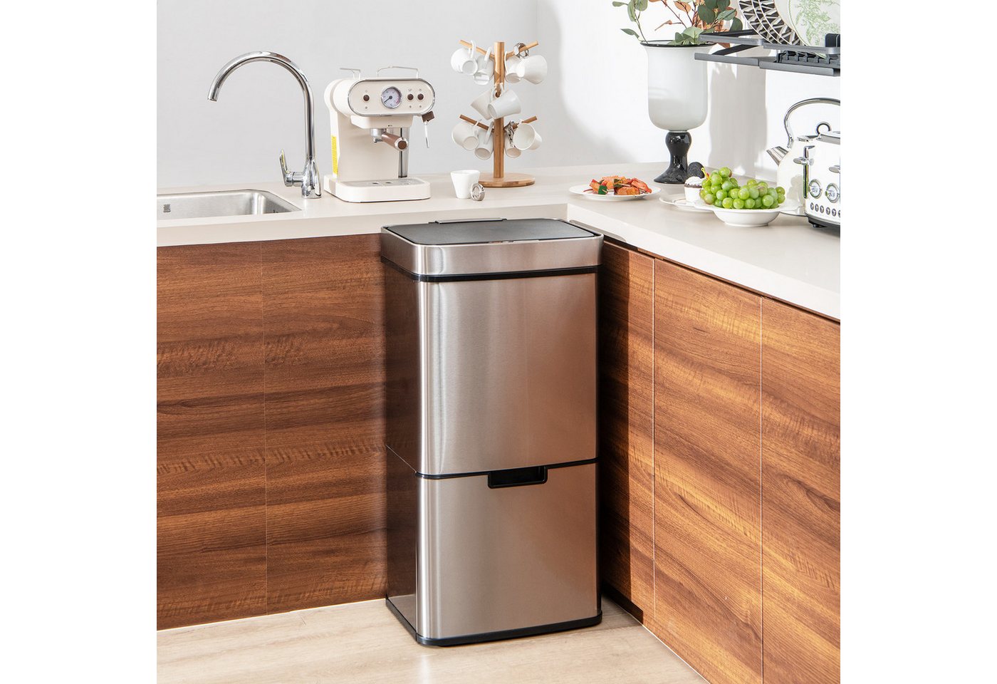 Thumbnail - COSTWAY Mülltonnenbox, 72L(2x11L + 3,5L + 46,5L) mit Sensor, sanft Verschluss