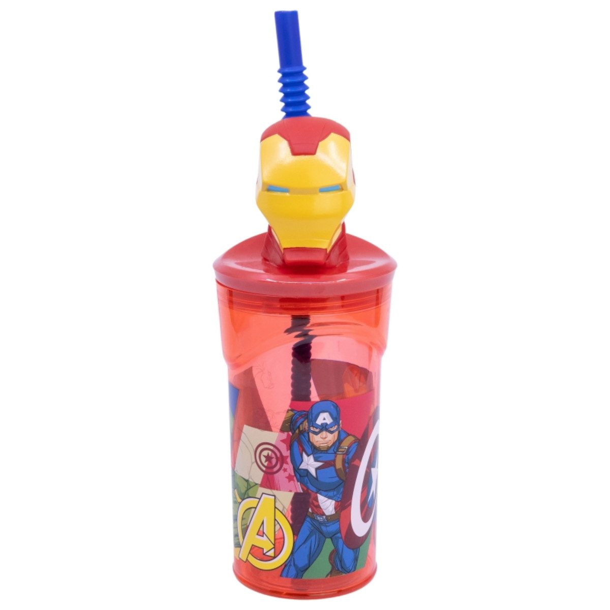 The AVENGERS Trinkflasche Iron Man Becher – 3D Kindertrinkbecher mit Strohhalm & Figurdeckel