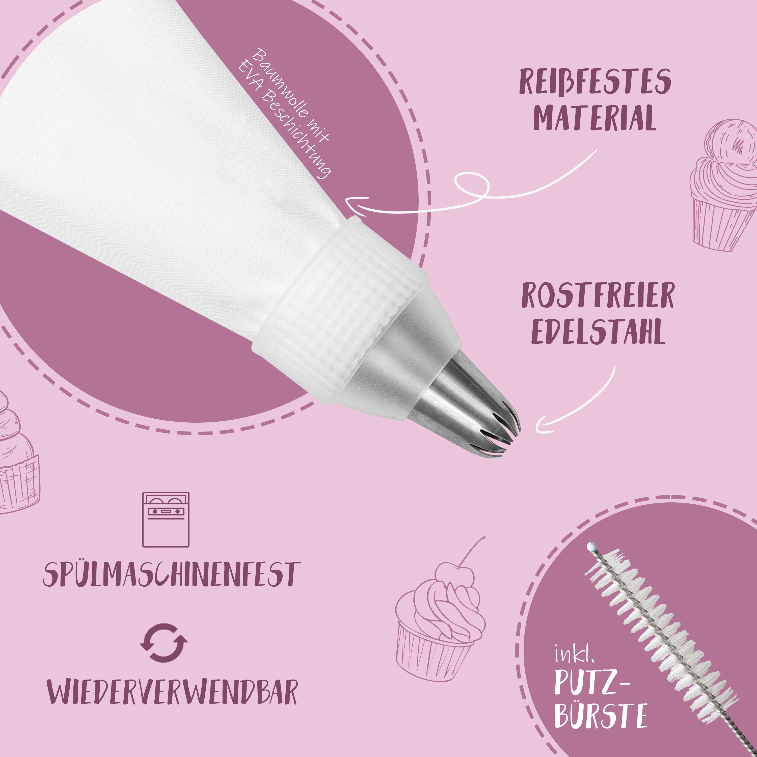 Villkin Spritzbeutel, Spritztülle zum Dekorieren/Befüllen/Formen - inkl. Putzbürste (33,5cm, 6x Spitzen, 1x Tülle, 1x Adapter, 1x Putzbürste) Spühlmaschienengeeignet, Wiederverwendbar