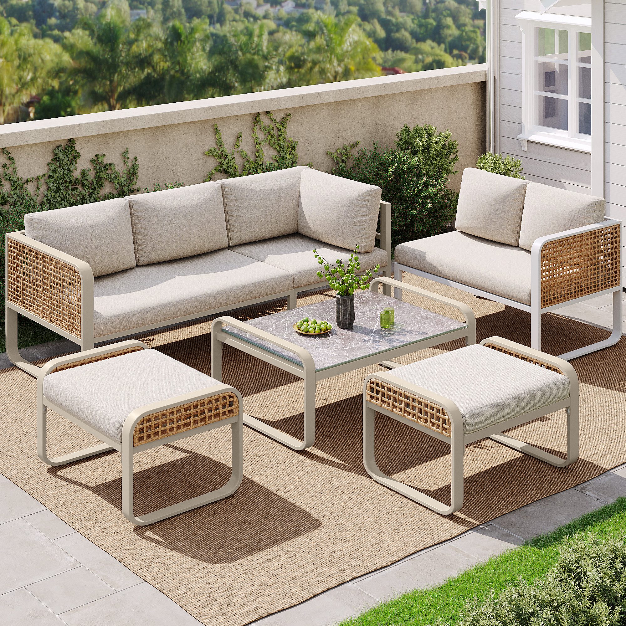 STILVORA Gartenlounge-Set für 6-7 Personen Gartenmöbel Set 1 Tisch Ecksofa mit Sitz&Rückenkissen, (Luxuriöses Rattan Gartenmöbel-Set für 6-7 Personen, Modernes Ecksofa mit verstellbaren Füßen, Zinkbeschichteter Eisenrahmen, Inklusive Kissen & Tisch., 4-tlg), mit Relaxfunktion