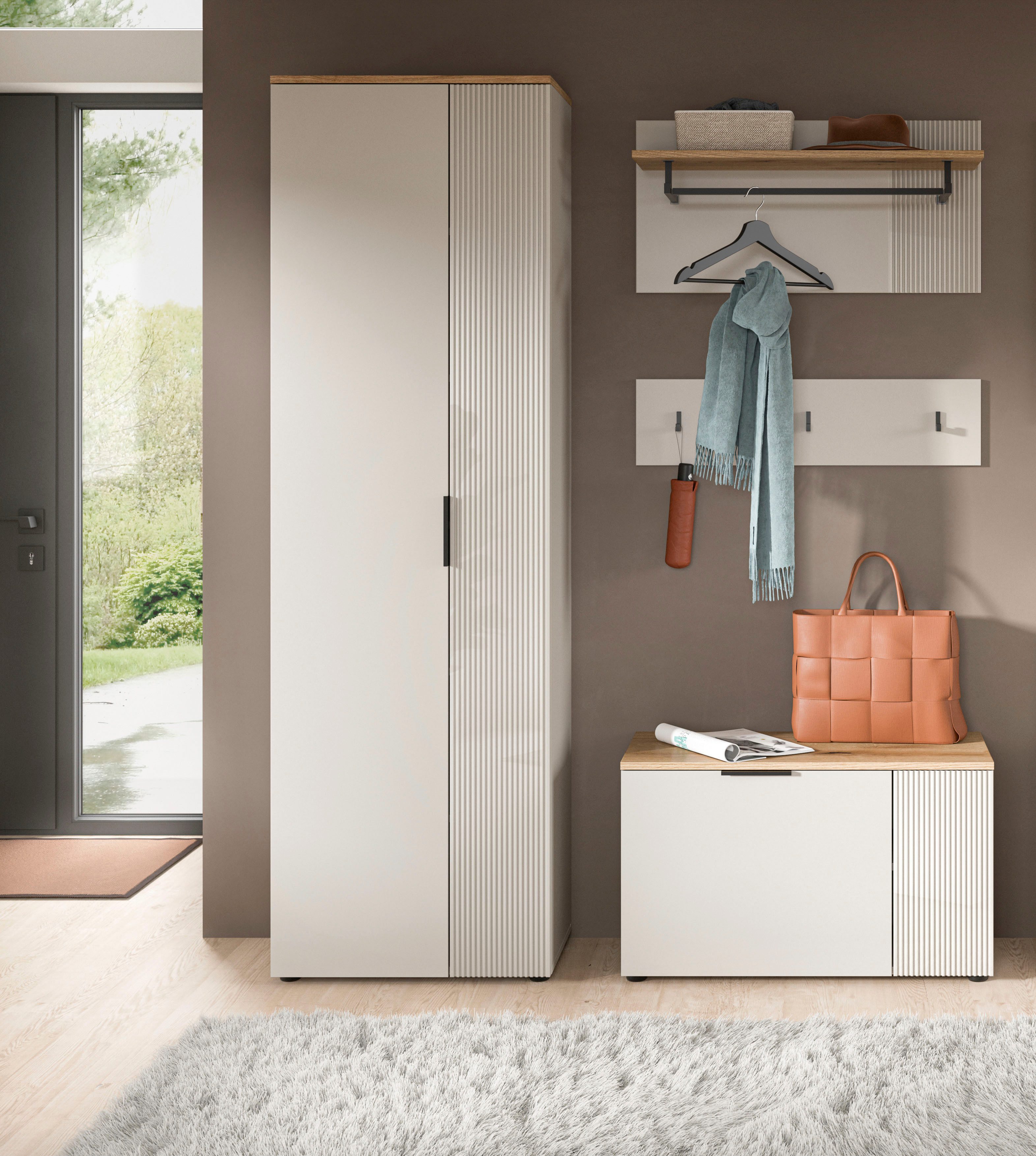 Home affaire Garderoben-Set EDIL, Breite 155 cm, 4-teilig, Front mit hochwertiger Längstfräsung, (Set, 3-St., best. aus: Hochschrank, Sitzbank, Paneel & Hakenleiste), Garderobenkombination, Kombination, Set, Garderobe, Flurgarderobe