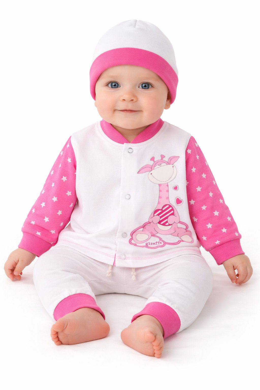 Langarmshirt & Hose Baby Anzug Hemdchen Mitwachshose Mütze Set in weiß pink