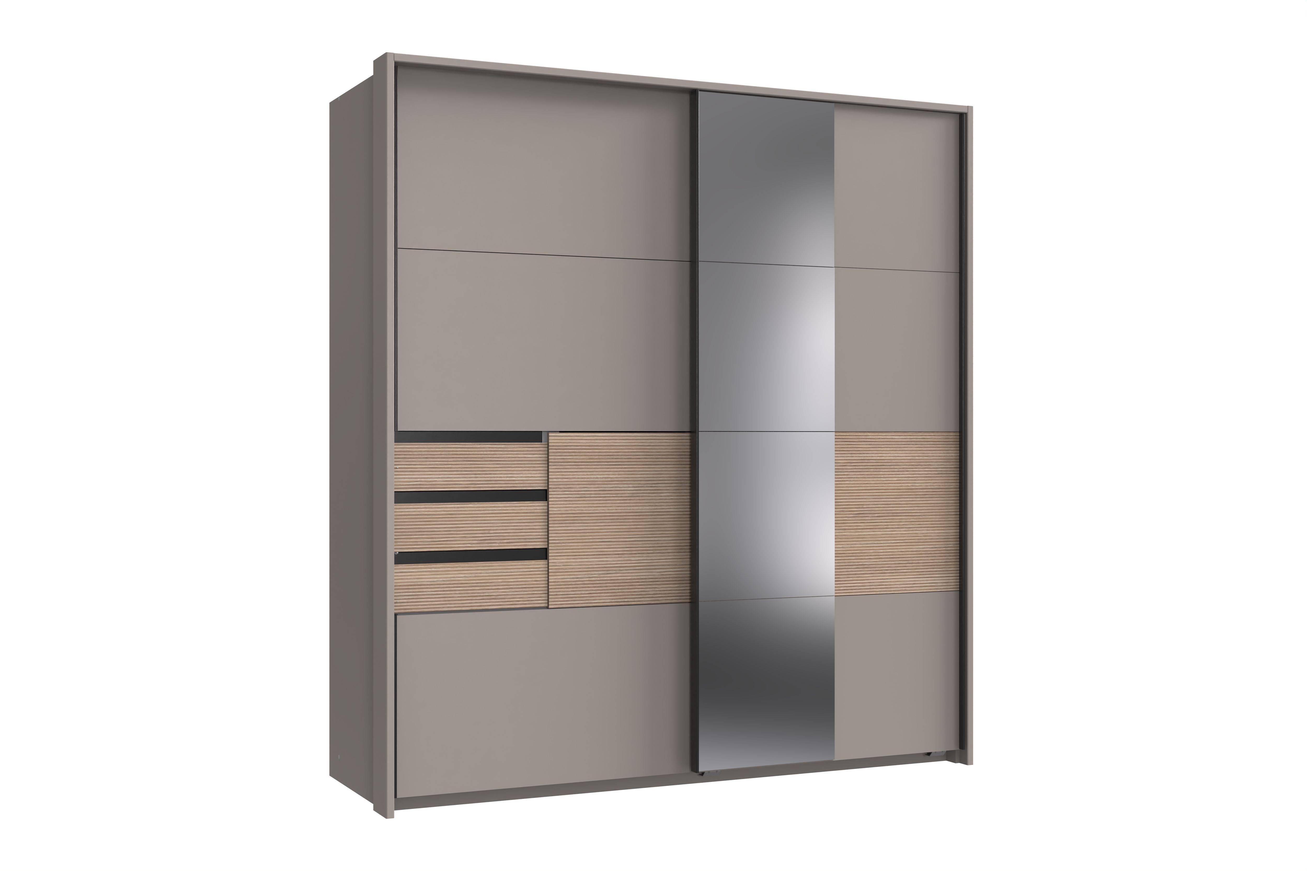 möbel-direkt.de Schwebetürenschrank Bremen in Saharagrau mit Absetzungen in Multiplex (komplett, 1-St., Kleiderschrank) Made in Germany, Absetzungen in Multiplex, wahlweise mit Spiegel