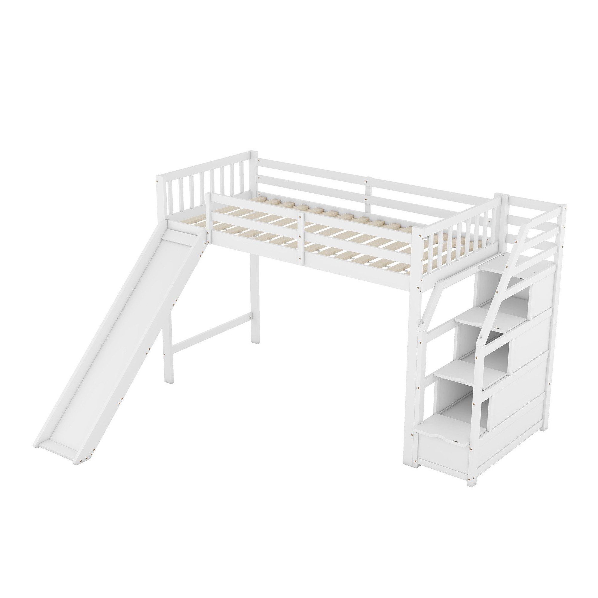 EXTSUD Hochbett 90x200 cm – Kinderbett mit Rutsche, Ablageleiter, weiß