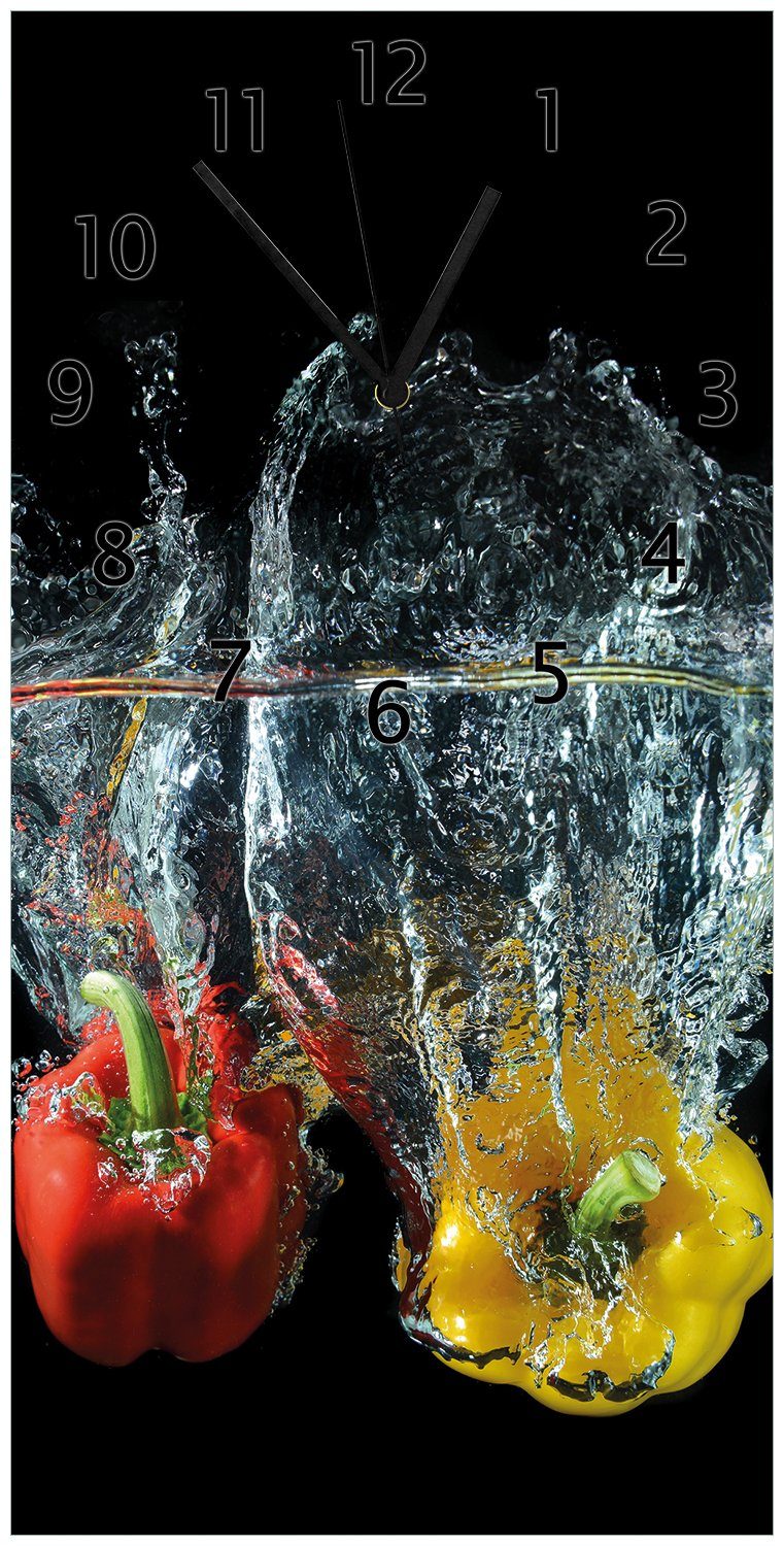 Wallario Wanduhr Paprika-Mix - frische Paprika in rot, gelb und grün im Wasser (Uhr aus Acryl)