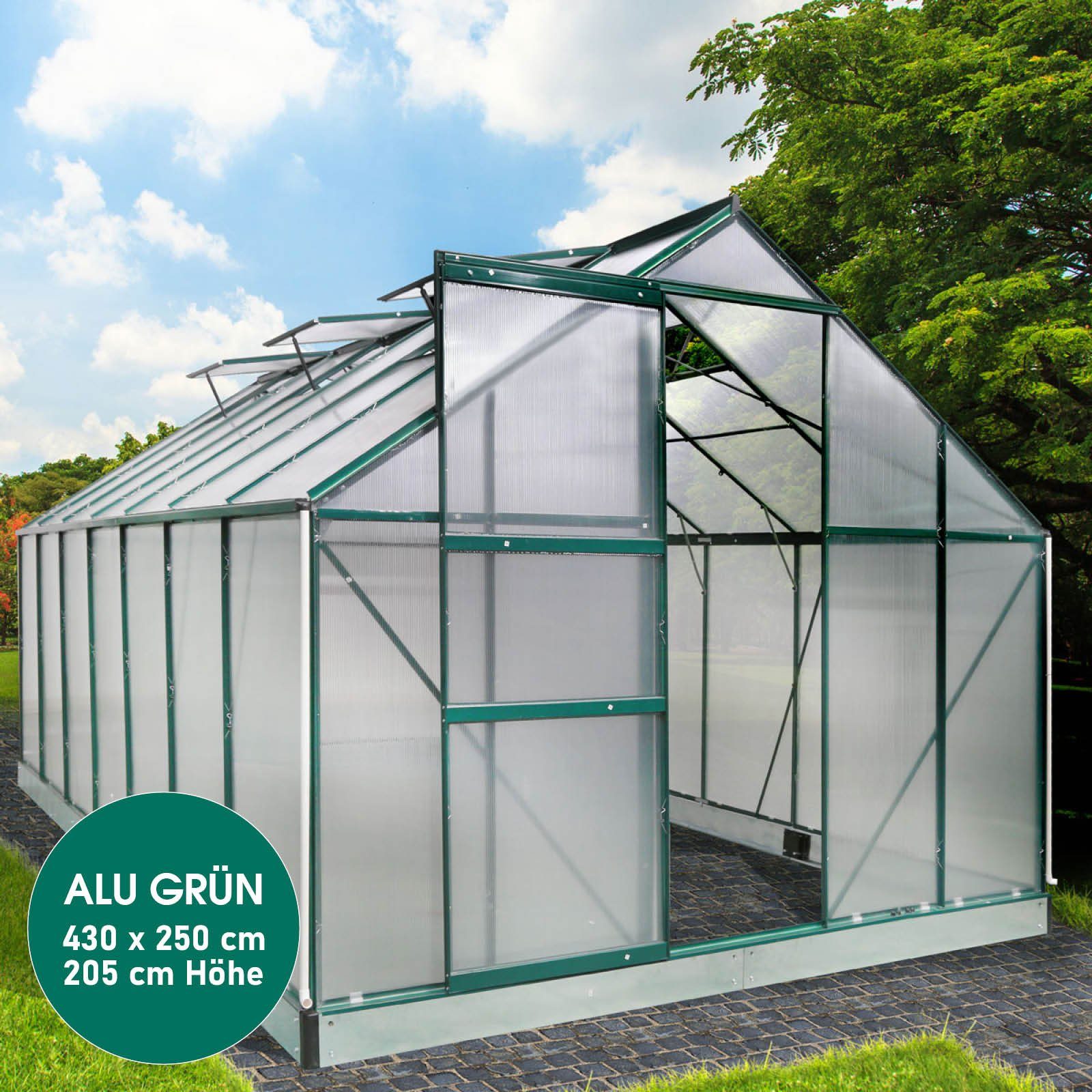 Gewächshaus ALU mit Fundament rostfrei 430x250x205cm TÜV geprüft