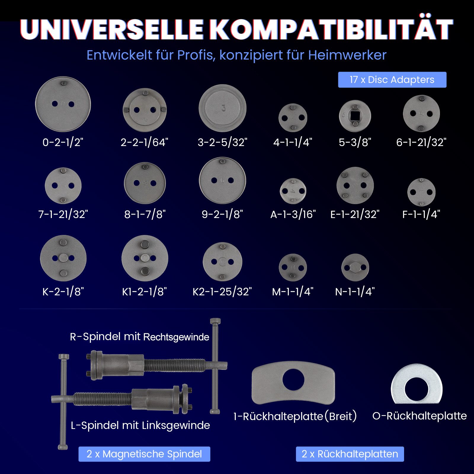 Walter Stahl Germany control Montagewerkzeug 21tlg Bremskolbenrücksteller Set, Werkzeugset, (Set, 21-tlg., 21tlg Bremskolbenrücksteller), KFZ Bremskolben Werkzeug mit Links- & Rechtsgewinde