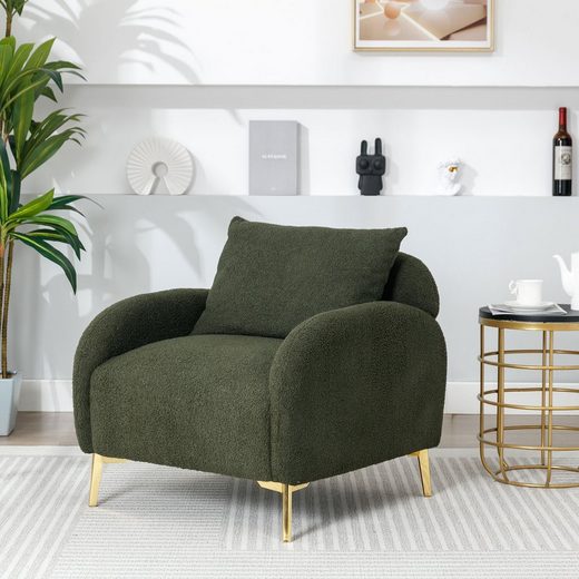 MERAX Sessel mit goldenen Metallbeine und Rückenkissen, Loungesessel Teddystoff, Einzel Loungesofa, Relaxsessel Olivgrün