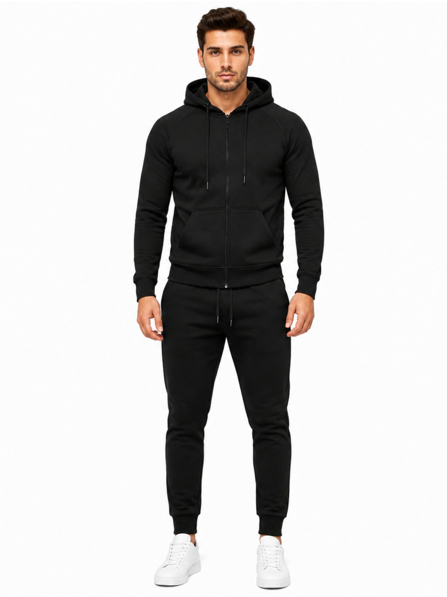 L.gonline Freizeitanzug Herren Jogginganzug einfarbig 100% BW 586 Schwarz M (Kapuzenjacke mit Reißverschluss, Hose, 2-tlg), Fitness Freizeit Casual