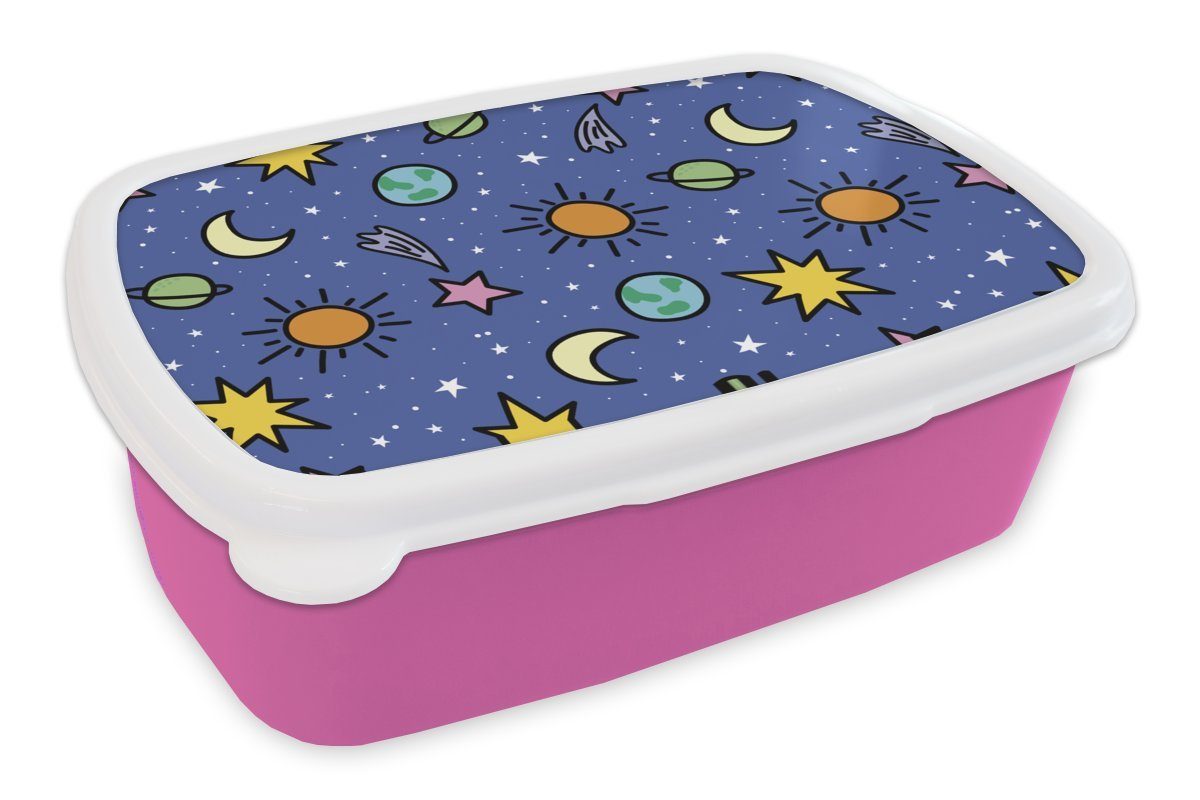 MuchoWow Lunchbox Planeten - Sterne - Design, Kunststoff, (2-tlg), Brotbox für Erwachsene, Brotdose Kinder, Snackbox, Mädchen, Kunststoff rosa