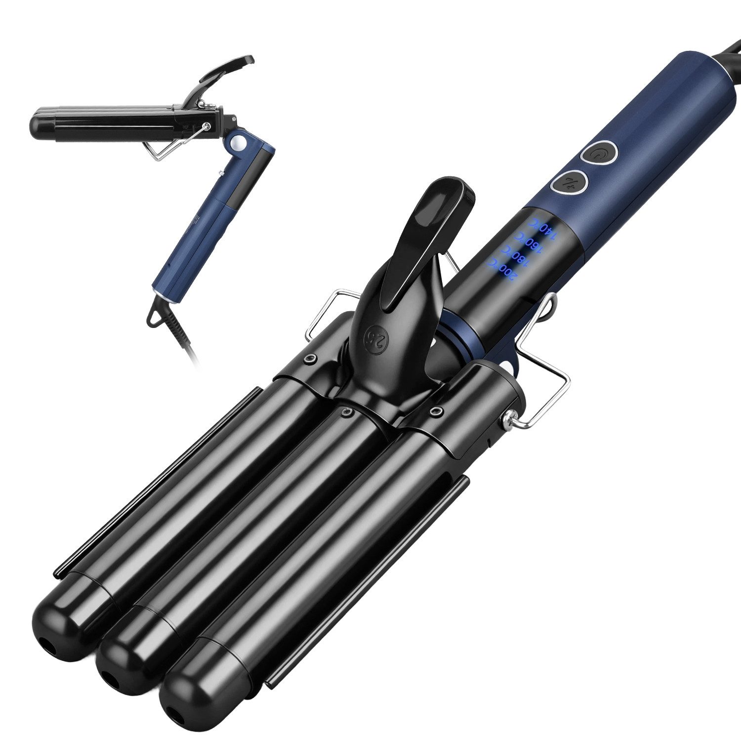 JVJH Lockenstab 3 Fässer Welleneisen,25mm Keramik Lockenstab,Schnelle Heizung, Große Welle für Lange/kurze Haare,mit LCD-Temperaturanzeige, 4-stufige Temperaturregelung,Faltbar Crimpers für Reisen