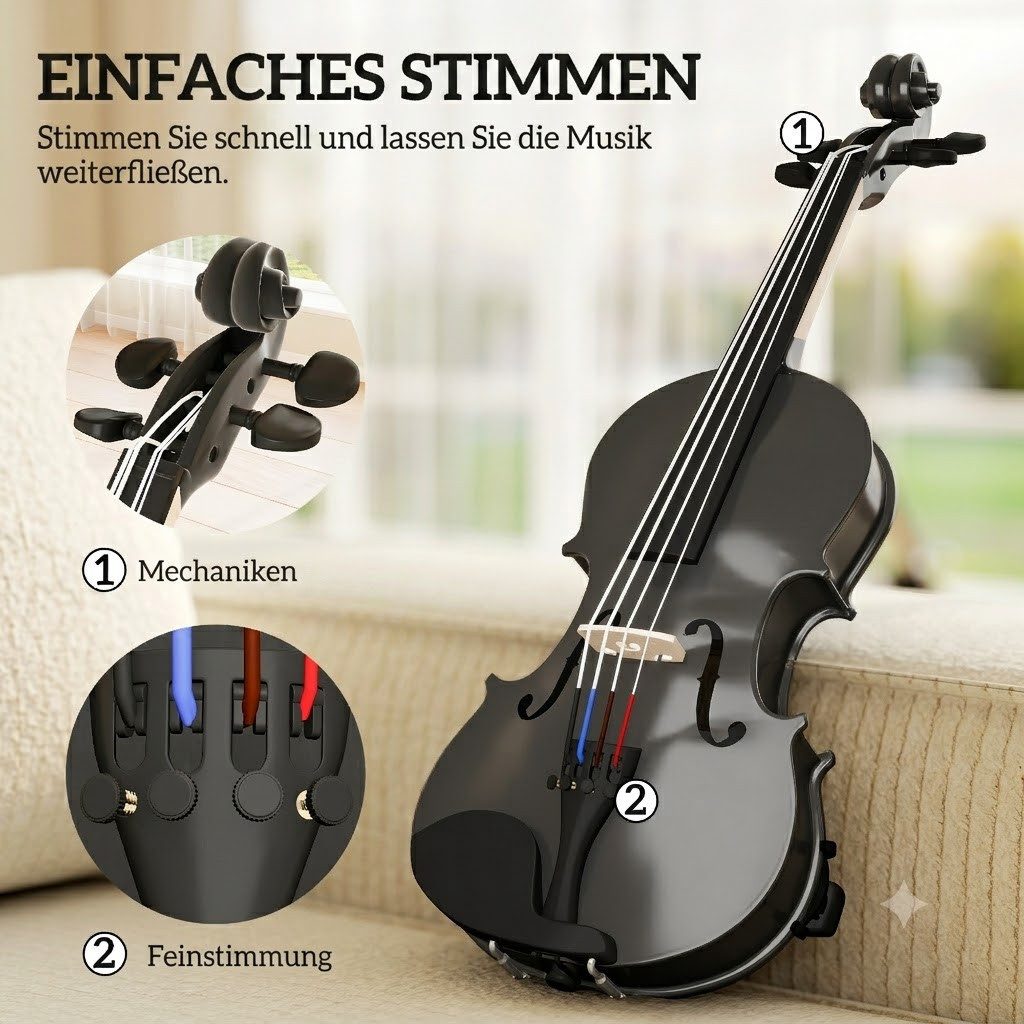 kowdom Violine Violin-Set 4/4 für Erwachsene, Massivholz, mit Koffer & Zubehör, Vollgröße (4/4), Violin-Set, Komplettset mit Zubehör, Violin-Set, 4/4, Massivholz, für Anfänger, komplettes Zubehör