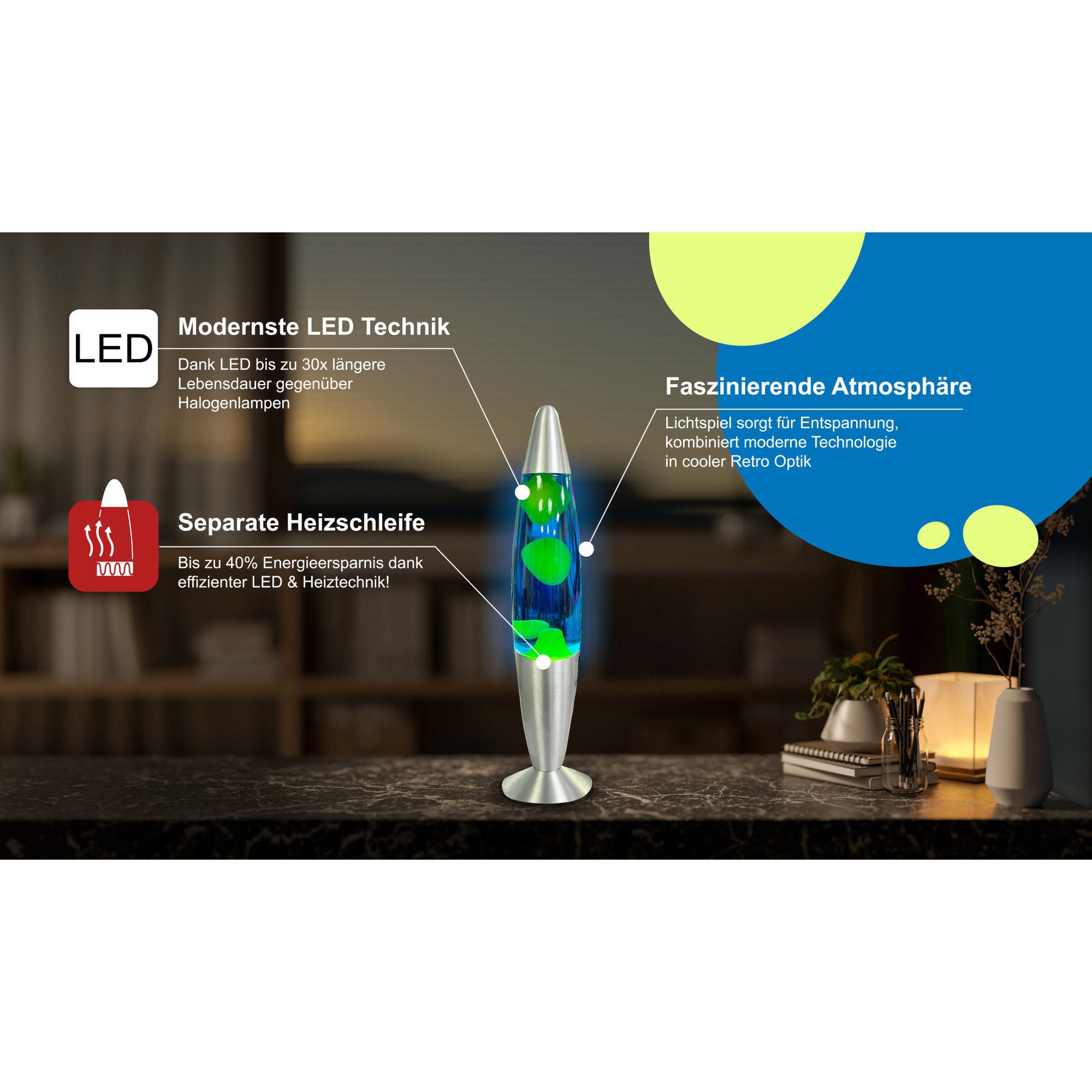 BLULAXA LED Lavalampe BLULAXA LED-Lava-Tischleuchte, 50961, 20W, 34 cm, gel günstig online kaufen