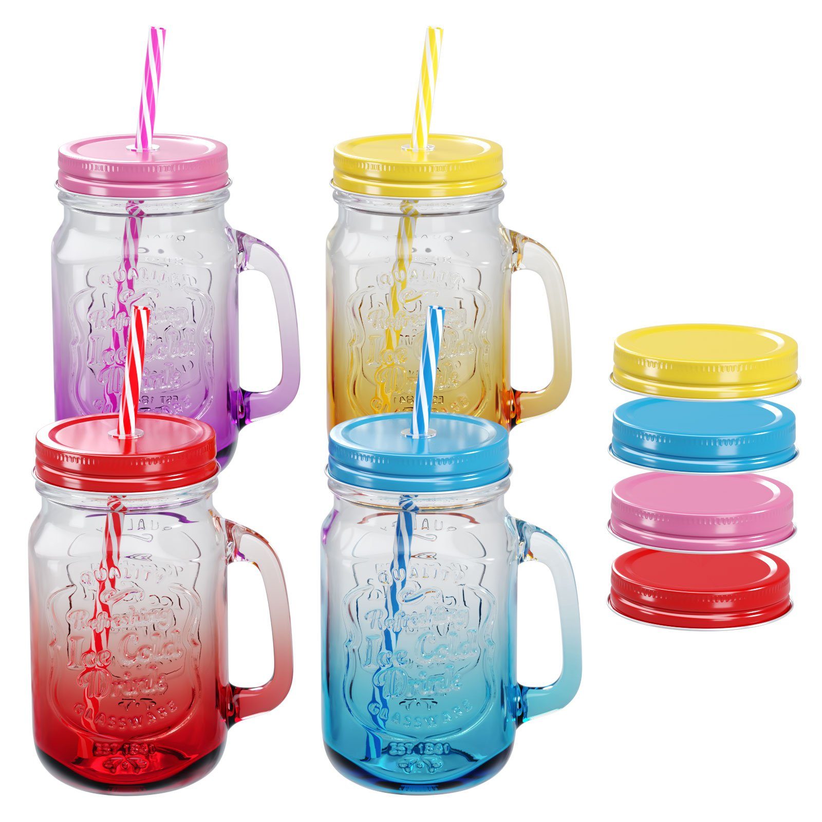 Wellgro Glas Trinkgläser Farbverlauf - Deckel und Trinkhalm 500ml + Ersatzdeckeln