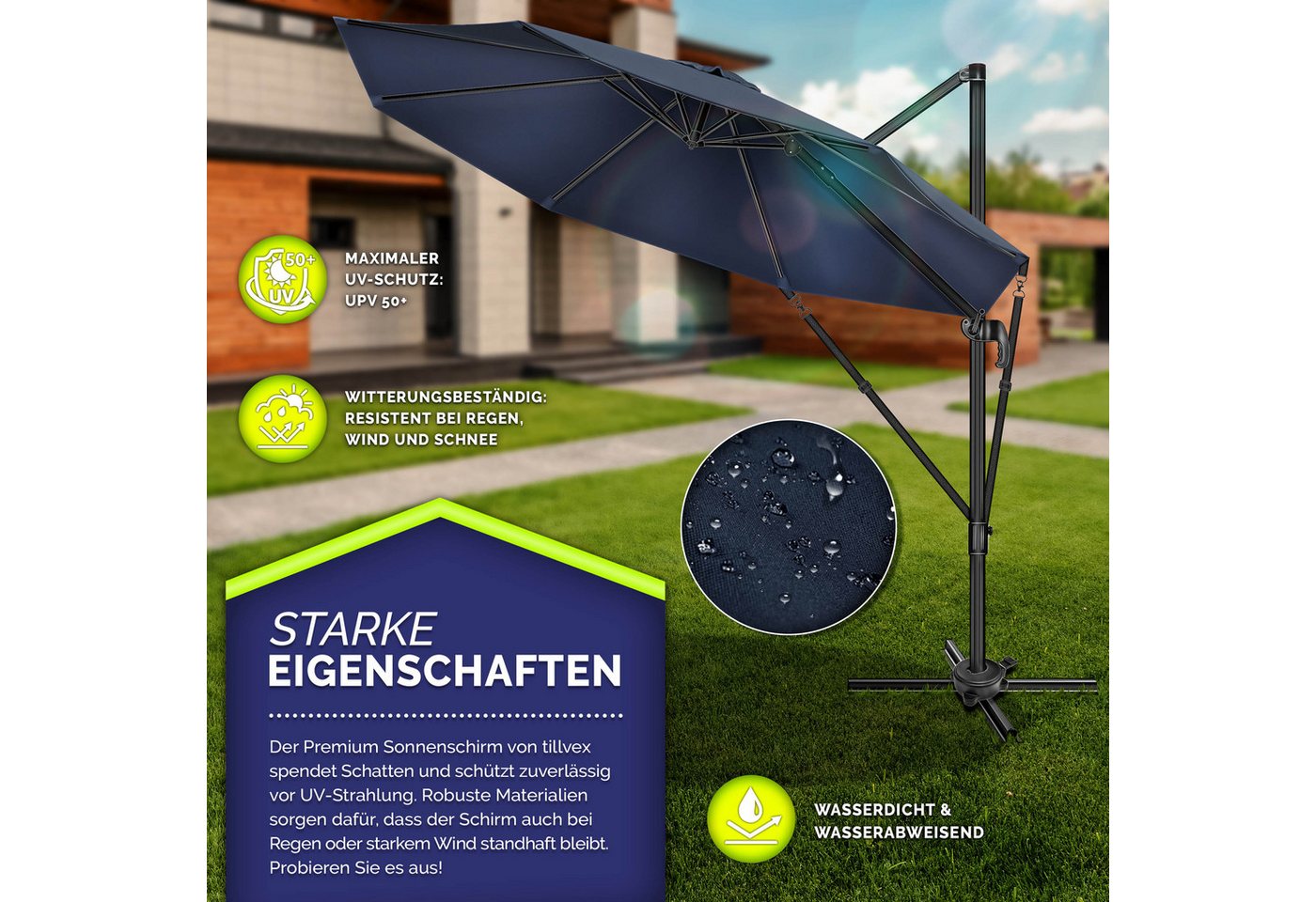 Thumbnail - tillvex Sonnenschirm tillvex® Premium Alu Sonnenschirm 330 cm + Abdeckung & Windsicherung, Premium-Series, Ampelschirm 6...