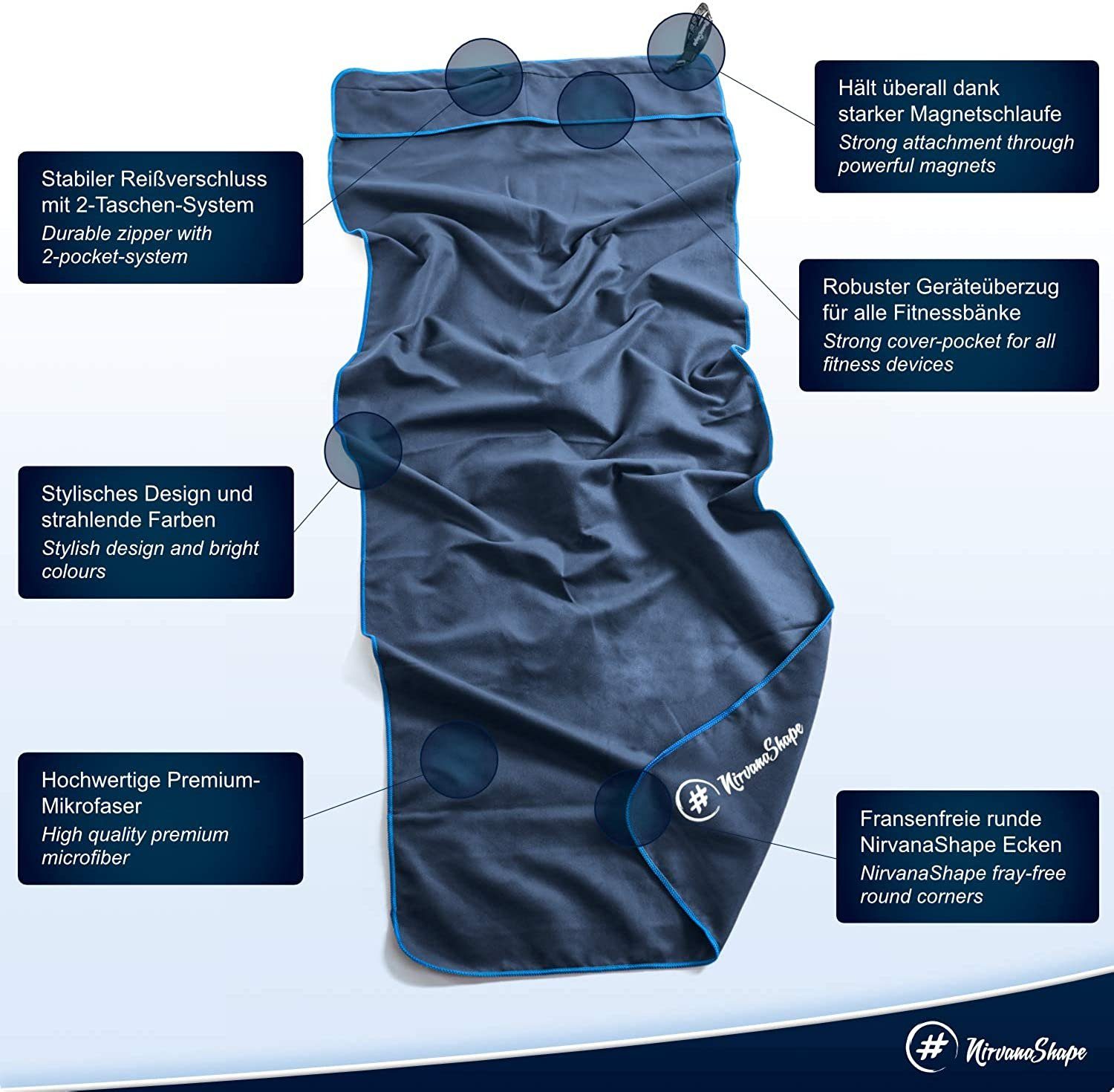 Sporthandtuch, / & Reißverschlusstaschen Rand 2x Blau NirvanaShape Funktionaler Magnet-Clip, Fitness-Handtuch mit Blauer Microfaser, Sporthandtuch Mikrofaser Geräteüberzug, Ultra-Saugfähig