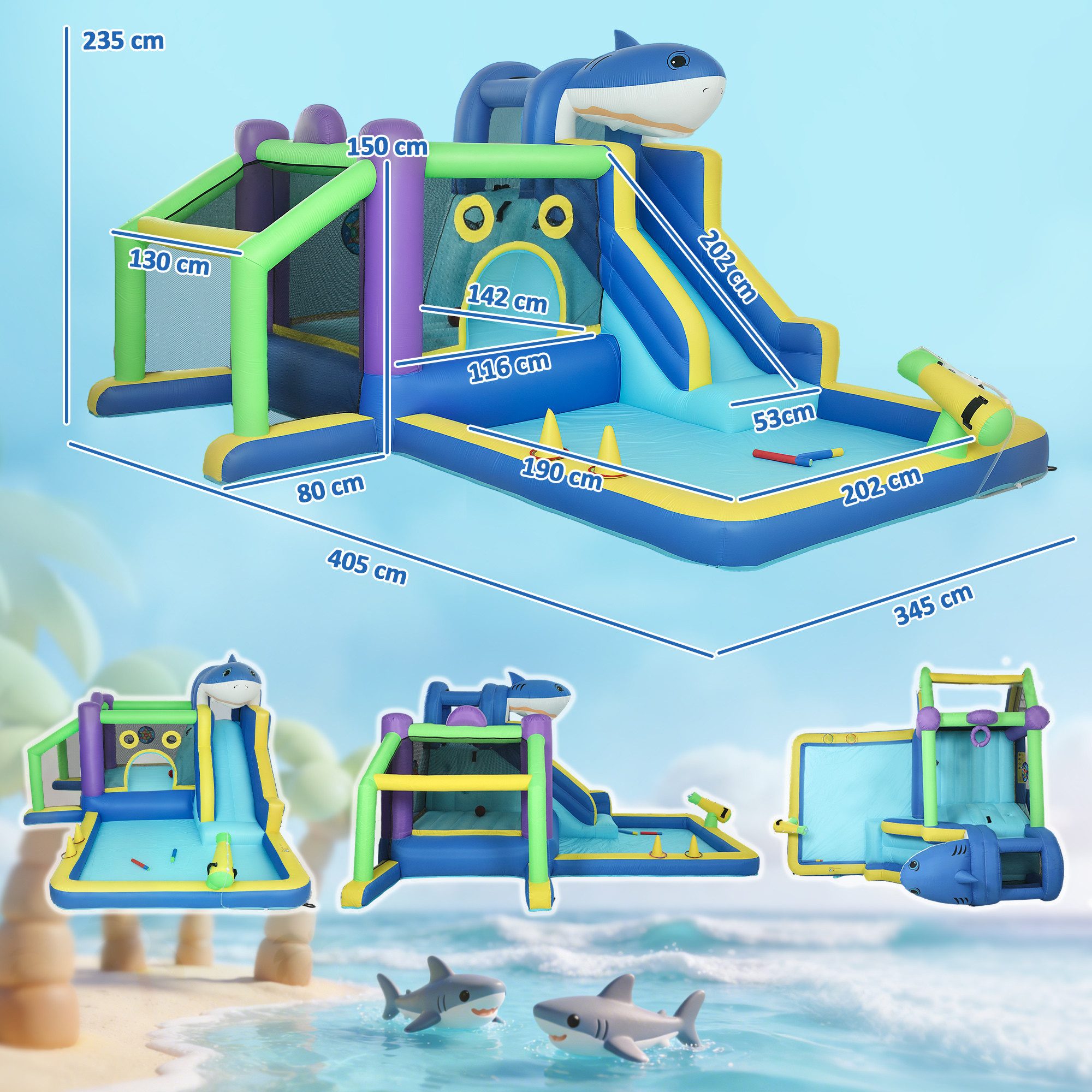 AIYAPLAY Hüpfburg Wasserpark mit Rutsche Planschbecken Trampolin Kletterwand, (Springburg mit Hai-Design, 1-tlg., 8-in-1 aufblasbare Wasserpark), für 3–8 Jahre für Indoor Outdoor 405x345x235cm Mehrfarbig