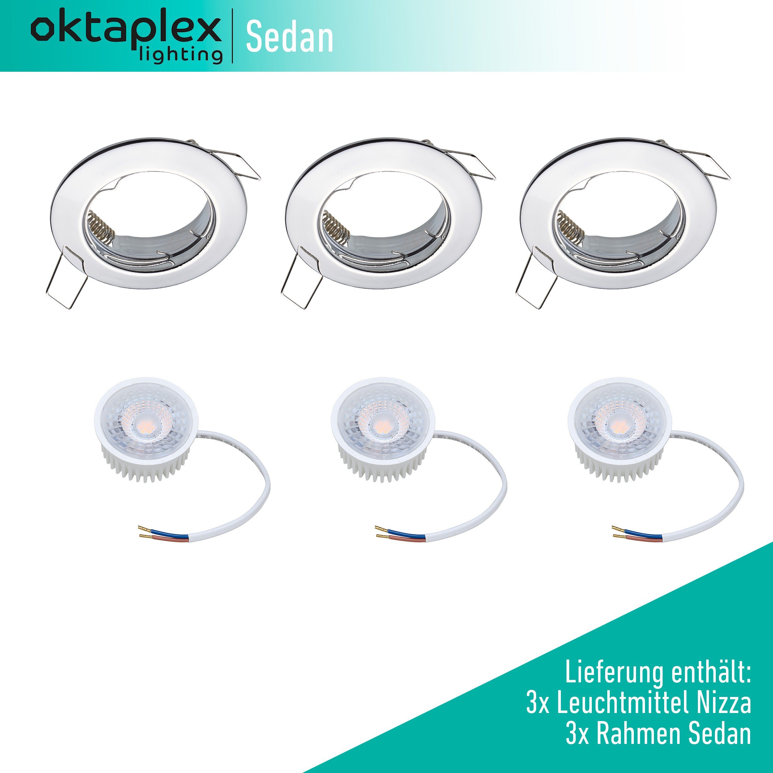 Oktaplex lighting LED Einbaustrahler 3 Stück LED Strahler flach inkl. LED Module 5W 380 Lumen, Dimmbar, Leuchtmittel wechselbar, warmweiß, 3000 Kelvin 230V chromfarben