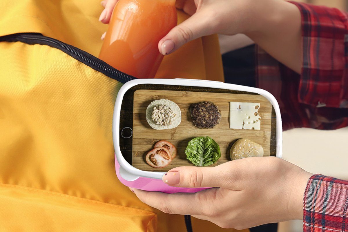 MuchoWow Lunchbox Kunststoff Kunststoff, für mit Schneidebrett Gemüse darauf, Brotdose (2-tlg), rosa Ein Mädchen, Kinder, Snackbox, Brotbox Erwachsene