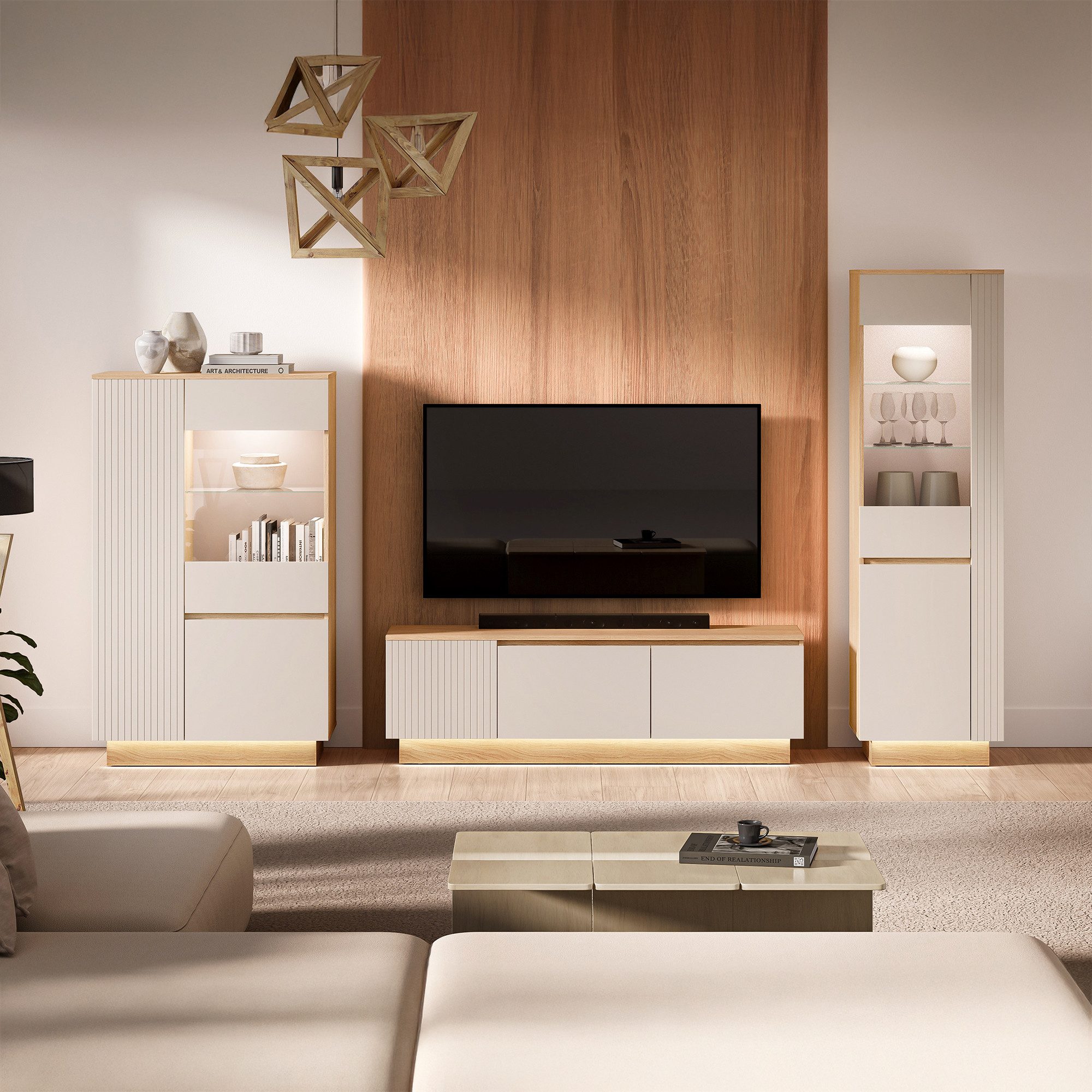 Lomadox Wohnzimmer-Set HELLIN-131, (Mega-Spar-Set, 3-St., Lowboard Highboard Vitrine), in Beige, 335 cm breit mit Softclose & LED-Beleuchtung