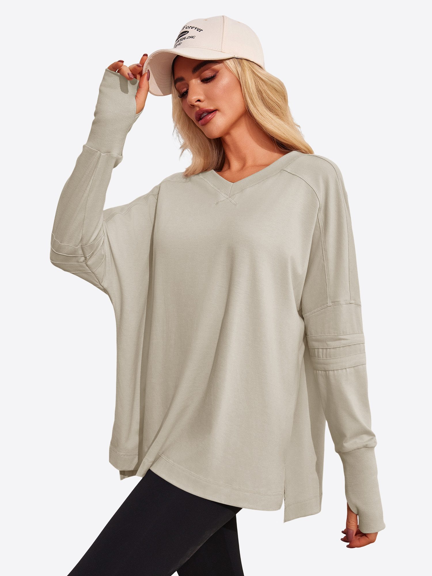 Imily Bela Langarmshirt Damen Oversize mit V-Ausschnitt Raglanärmeln und Daumenlöchern (Packung, 1-tlg., 1per-Pack) in Unifarbe – Bild 4 von 5
