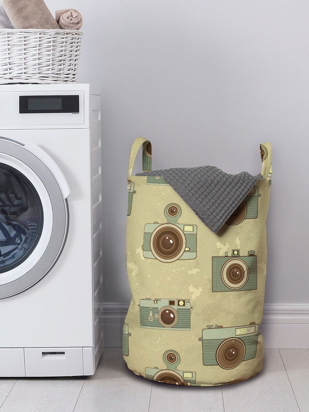 Alte Hipster Kameras Abakuhaus Grungy Wäschesäckchen mit Waschsalons, Kordelzugverschluss Wäschekorb Griffen für