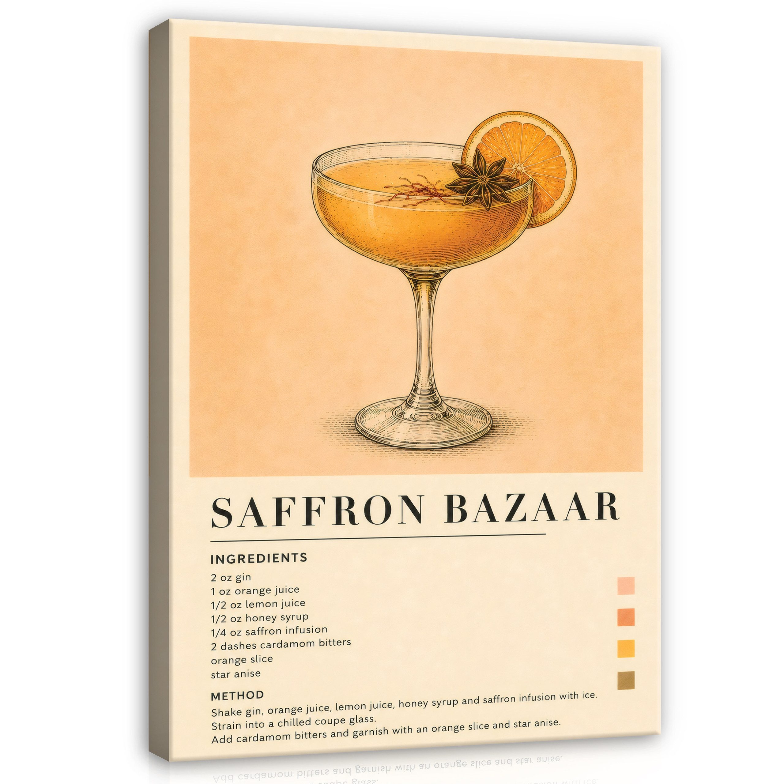 Wallarena Leinwandbild Drink Saffron Bazaar Rezept Beige Retro Bilder Küche küchen Wandbild, Cocktail, Getränk, Rezept (Leinwandbild, 1 St), Leinwand Bilder Küche Wandbild Wanddeko 40x60 cm